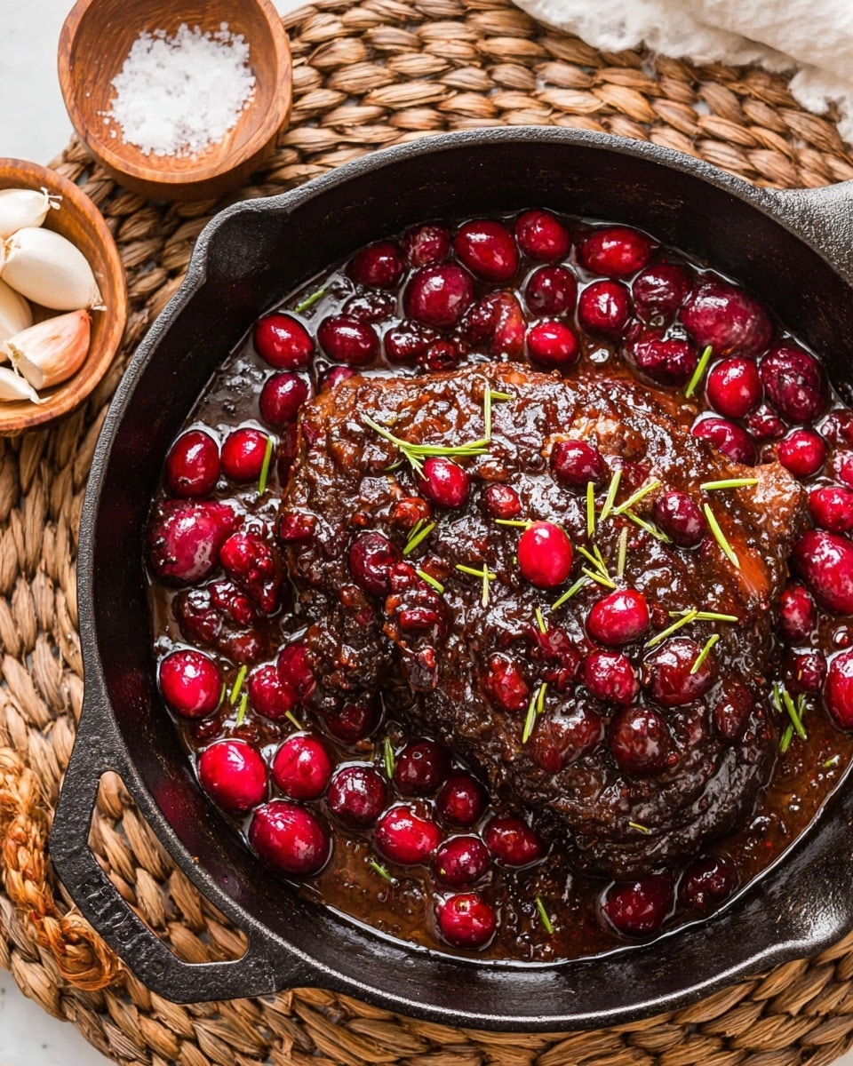 A black cast iron pan filled with a dark brown cooked meat piece covered in a glossy deep red sauce. The sauce has whole bright red cranberries scattered on top and around the meat along with thin green herb sprigs. The pan sits on a woven natural straw mat, with small wooden bowls holding white granulated salt and whole shallots nearby. The background is a white marbled texture. photo taken with an iphone --ar 4:5 --v 7
