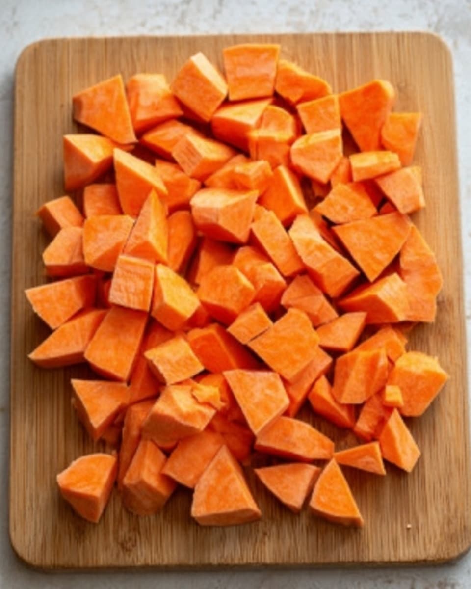 The image shows many pieces of orange sweet potato, peeled and cut into small triangular and cube-like shapes. The pieces are spread out evenly on top of a light brown wooden cutting board placed on a white marbled surface. The sweet potato pieces have smooth, shiny textures with a fresh, raw look. No other objects or colors are visible in the image photo taken with an iphone --ar 4:5 --v 7