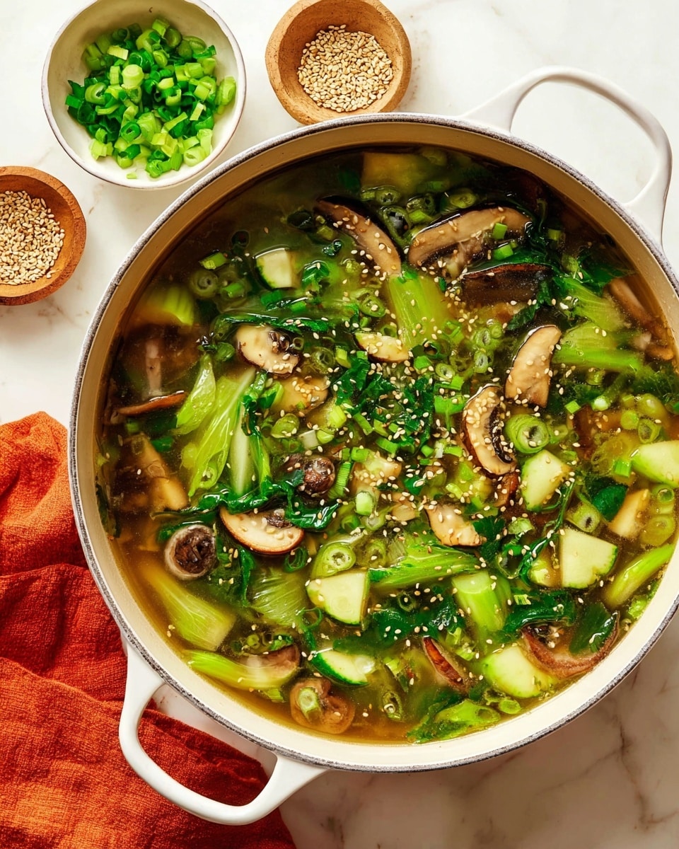 A white pot filled with clear broth contains several layers of ingredients, including green bok choy pieces, light green cucumber chunks, sliced brown shiitake mushrooms, and chopped green onions. The vegetables are mixed throughout the broth with a sprinkling of sesame seeds and black pepper on top, creating a fresh and colorful contrast. In the background, two small white bowls hold extra chopped green onions and sesame seeds on a white marbled surface. An orange cloth is placed near the pot's handle. photo taken with an iphone --ar 4:5 --v 7
