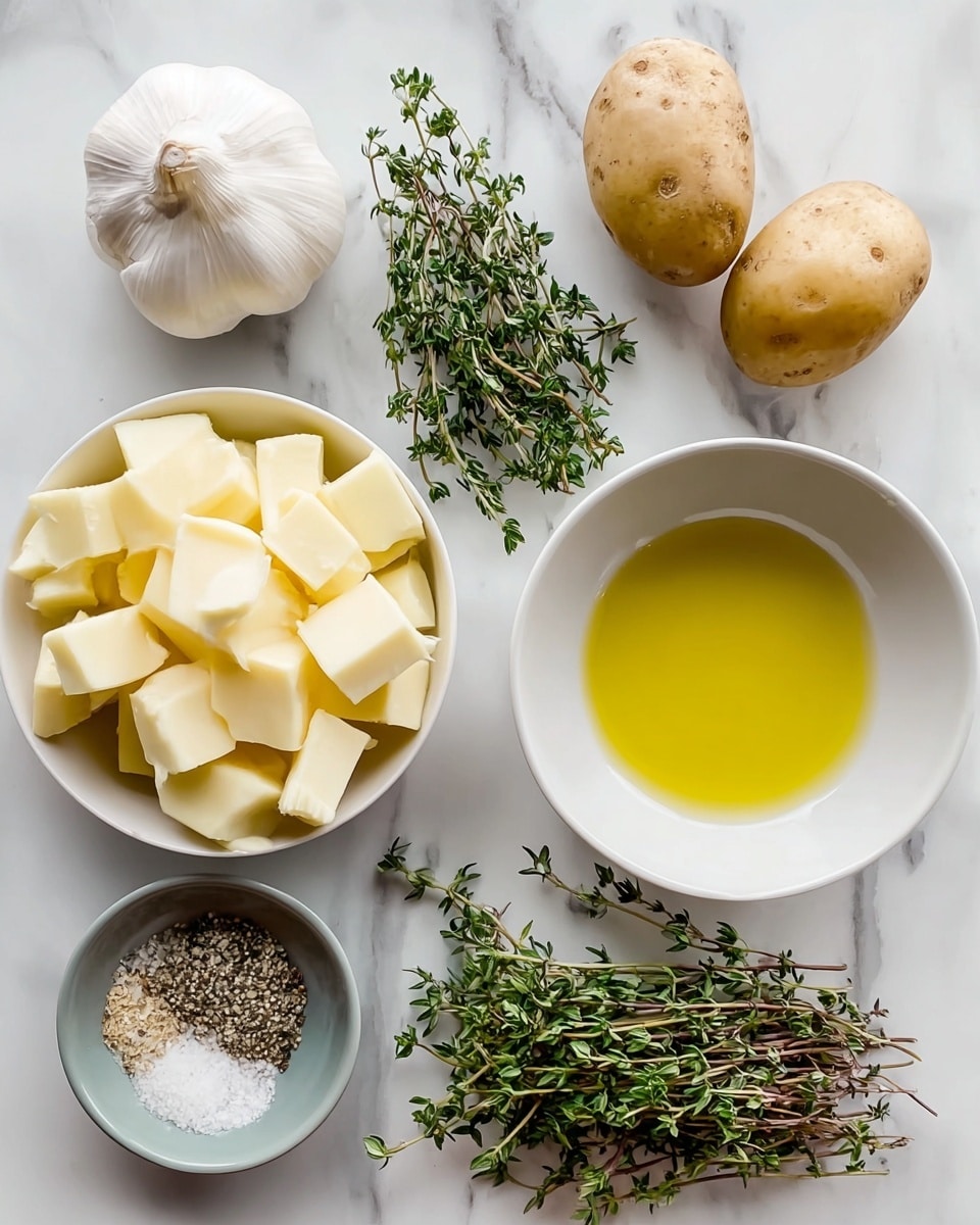 The image shows a top view of several white bowls and loose ingredients arranged on a white marbled surface. At the top left is a whole garlic bulb, a single garlic clove, and two small potatoes, one whole and one cut in half showing its white inside. Near the potatoes is a small bunch of fresh green thyme sprigs. On the bottom left is a white bowl filled with large pale yellow butter chunks. In the center is a smaller white bowl with cubed peeled potatoes. To the right is another white bowl filled with clear golden olive oil. Below the oil is a small grey bowl containing a mix of salt, pepper, and small herb pieces. On the bottom right corner lies a larger bunch of fresh thyme sprigs with tiny green leaves. The setup is bright and clean with natural lighting. Photo taken with an iphone --ar 4:5 --v 7