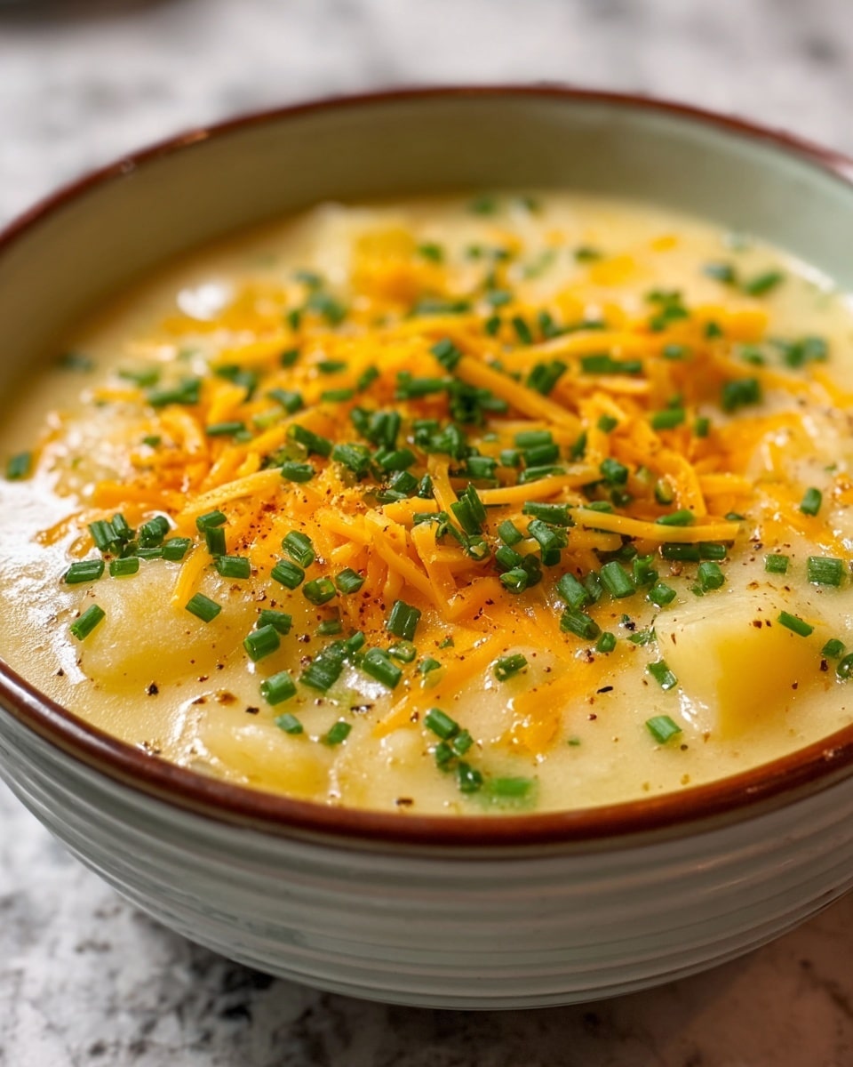 A bowl filled with creamy potato soup showing three main layers: the bottom layer is thick and light yellow soup with soft potato chunks, the middle layer is bright orange shredded cheese scattered on top, and the top layer is finely chopped green chives sprinkled over the cheese. The bowl is white with a rounded shape and a brown rim. The whole scene is set on a white marbled surface, with a soft focus on the soup and a close-up angle. photo taken with an iphone --ar 4:5 --v 7