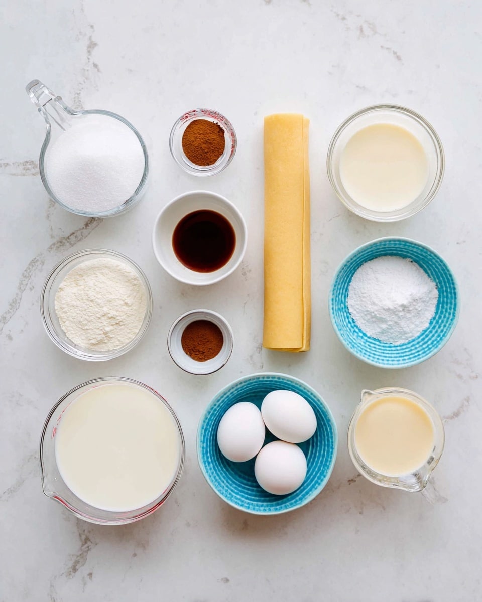 The image shows various clear and white dishes with cooking ingredients arranged neatly on a white marbled surface. From left to right, there is a clear glass measuring cup with white sugar, a small white bowl with brown spice, a small white bowl with white powder, a small white bowl with dark brown liquid, a long rolled yellow dough in clear wrapping placed horizontally in the center, a small clear bowl with milk, a white bowl with four white eggs, a small blue textured bowl with white salt, and a clear glass measuring cup with a creamy liquid. All the items are evenly spaced and placed to create a balanced and clean layout. photo taken with an iphone --ar 4:5 --v 7