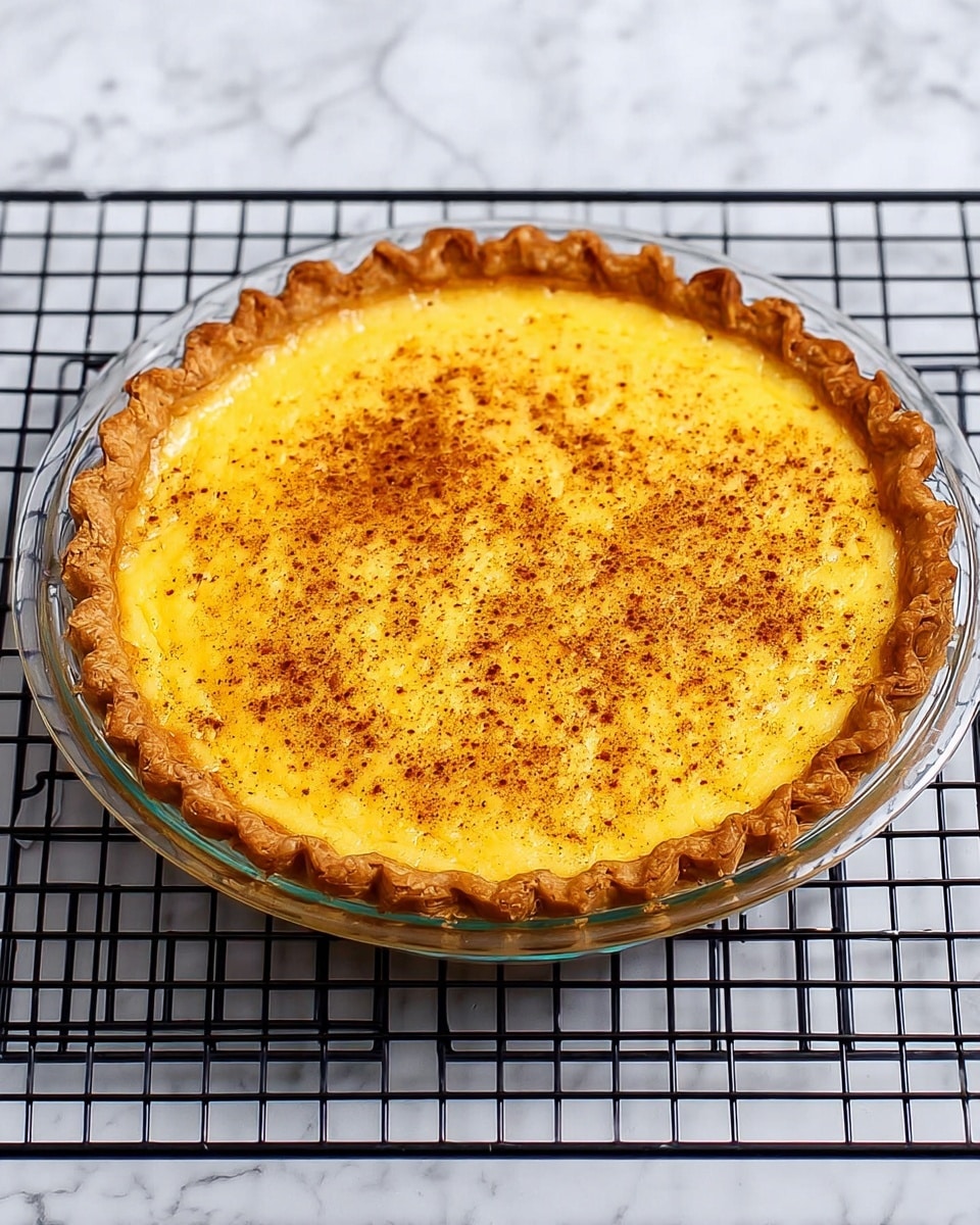 A freshly baked pie sits on a black wire cooling rack over a white marbled surface. The pie has a golden brown crust with a crimped edge all around, and its filling is a smooth, bright yellow custard topped with a sprinkling of cinnamon or light brown spice. The clear glass pie dish shows the well-baked crust's thickness and texture, giving the pie a homemade and inviting look. Photo taken with an iphone --ar 4:5 --v 7