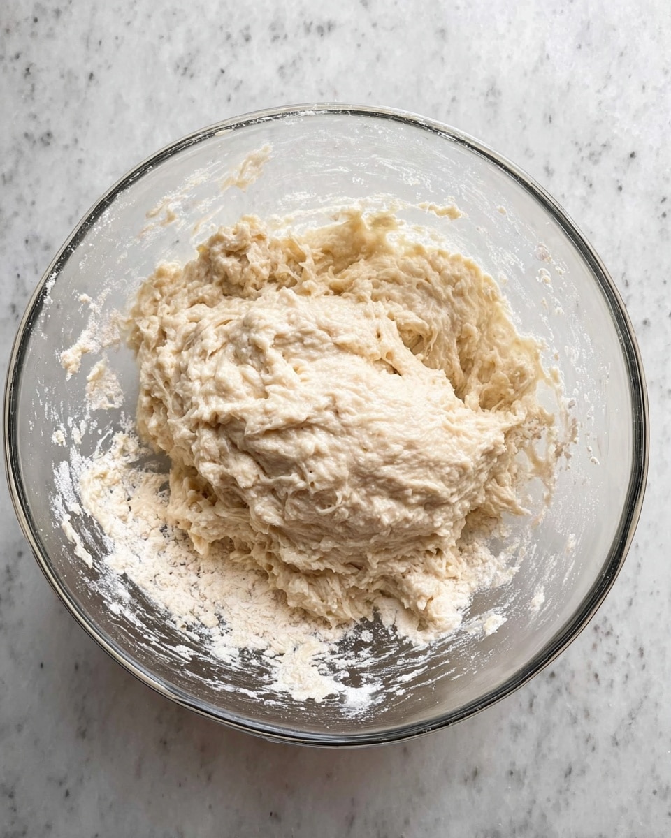 A clear glass bowl filled with a thick, light beige dough mixture that looks slightly lumpy and sticky. The dough is unevenly shaped, resting in the middle of the bowl, with some dough spread thinly along the inside edges. The bowl sits on a white marbled surface, showing some reflections from the clear glass. The texture of the dough appears porous and soft, as if it is ready for rising. Photo taken with an iphone --ar 4:5 --v 7