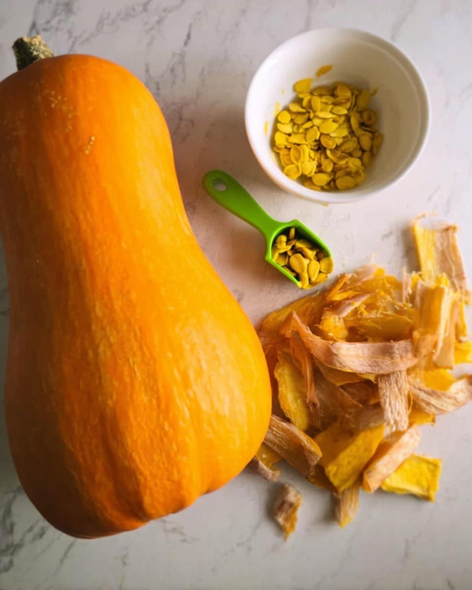 The image shows a large, whole orange squash placed on a white marbled surface to the left side of the frame. Next to it on the right are several light brown and yellow squash peels in a small pile. Above the peels, there is a white bowl filled with yellow squash seeds beside a small green scoop tool with yellow seeds inside. The lighting highlights the smooth texture of the squash and the dry, papery texture of the peels. Photo taken with an iphone --ar 4:5 --v 7