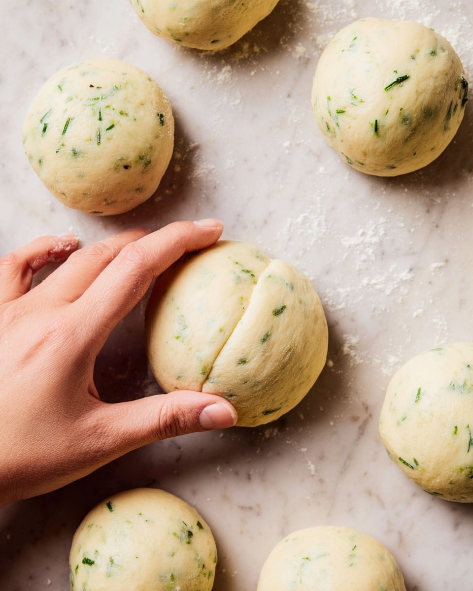 A close-up view of several smooth, round dough balls with small green herb flecks on a white marbled surface. One dough ball is gently pressed by a woman's hand, showing a soft texture and light cream color speckled with green herbs. The dough balls are evenly spaced, with a consistent size and smooth surface, except one which is slightly pinched and folded. Photo taken with an iphone --ar 4:5 --v 7