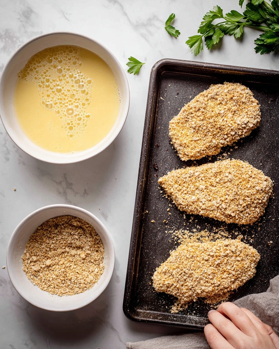 The image shows three raw coated pieces of food on a dark baking tray, with a rough crumbly layer of light brown oats and breadcrumbs covering their surfaces. To the left, there is a white bowl filled with a pale yellow beaten egg mixture showing small bubbles on top. Below the egg bowl, another white bowl holds more light brown coarse crumbs where one piece is being coated. The setup is on a white marbled surface, and a few green parsley leaves are scattered around, adding a touch of color. A woman's hand is visible near the crumbs bowl, gently pressing a piece into the coating. Photo taken with an iphone --ar 4:5 --v 7