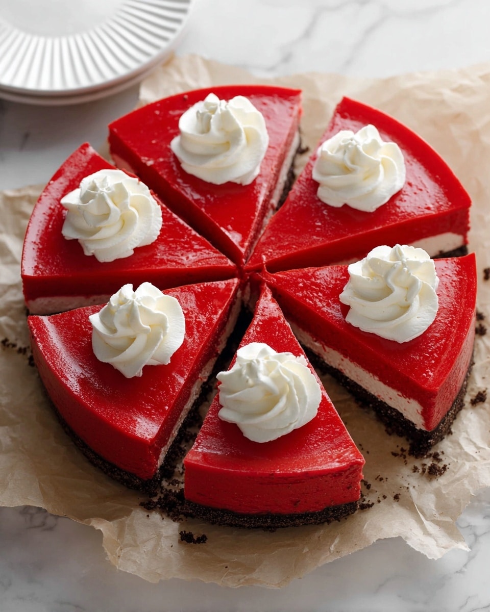 The image shows a round red cheesecake with six slices, one slice pulled out slightly. The cheesecake has three visible layers: a dark brown crumbly crust at the bottom, a thick smooth bright red middle layer, and a shiny red top layer. Each slice has a dollop of white whipped cream swirled on top near the wider edge. The cake is placed on slightly crumpled light brown parchment paper on a white marbled surface. A white plate with ridges is partially seen in the top left corner. photo taken with an iphone --ar 4:5 --v 7