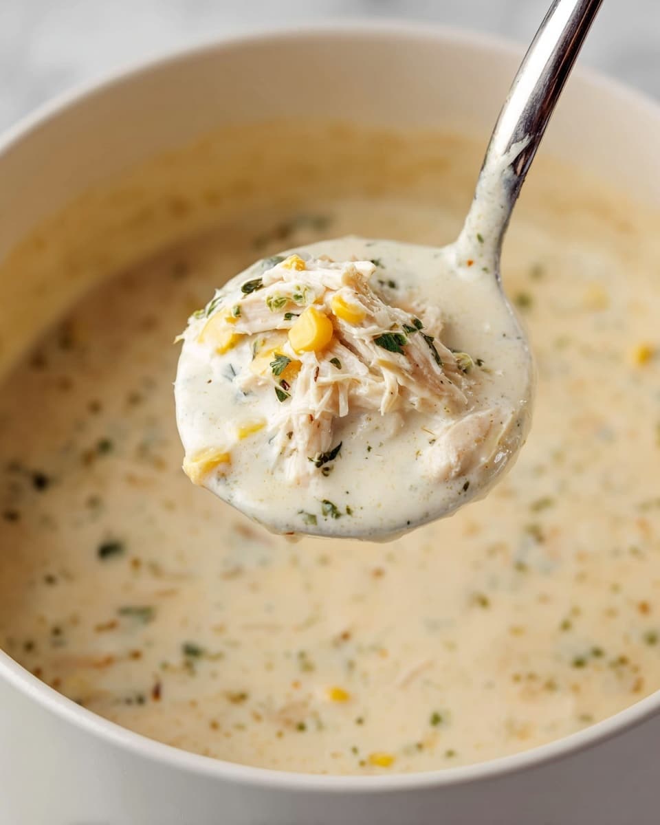 A close-up view of a thick creamy soup held on a white spoon with a smooth texture. The soup has three main visible layers: a creamy off-white base, small yellow corn kernels scattered throughout, and bits of shredded light tan chicken mixed evenly with green herb flakes. The spoon is lifted above a white bowl filled with more of the same rich soup, all set against a white marbled surface. The soup looks warm and hearty with a slightly glossy finish photo taken with an iphone --ar 4:5 --v 7