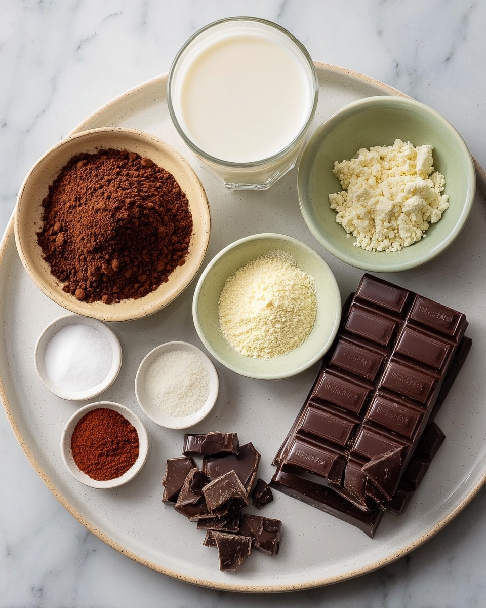 A large white plate holds six small bowls and stacks of chocolate squares arranged neatly. On the left, a light beige bowl contains dark brown cocoa powder with a slightly rough texture. Next to it, a tall, clear glass holds smooth white milk. To the right, a small light green bowl is filled with a pale, crumbly powder. Below these, two small white bowls contain a fine white powder and a reddish-brown powder respectively. Near the front right of the plate, two dark chocolate bars with a shiny and smooth surface are stacked, accompanied by a few broken chocolate pieces with a rougher texture. The whole setup is on a white marbled background. photo taken with an iphone --ar 4:5 --v 7
