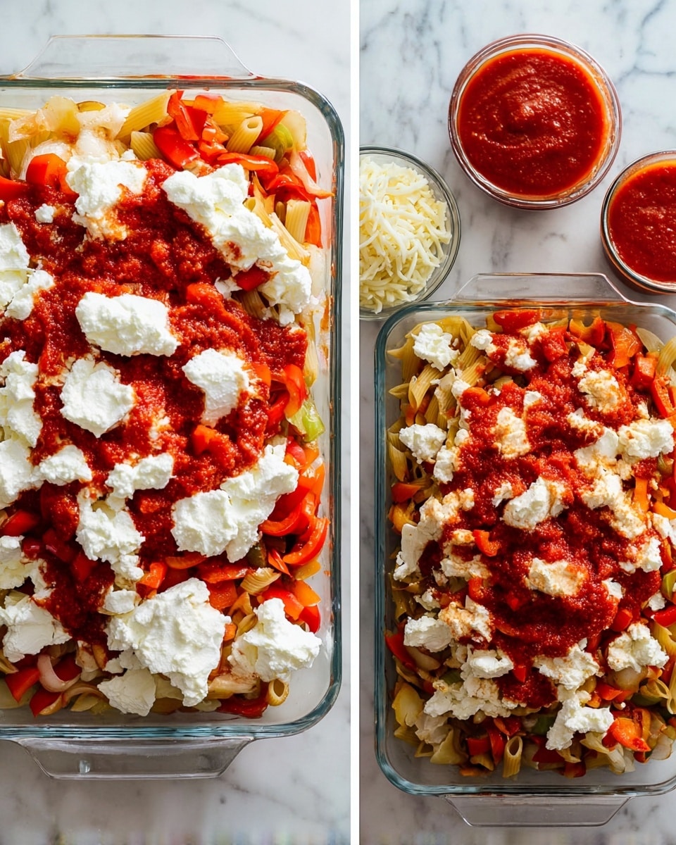 The image shows a white rectangular glass dish filled with pasta and vegetables placed on a white marbled surface. The pasta layer at the bottom is covered with cooked chopped onions and red bell peppers, which have a soft texture and warm colors of light brown, bright red, and orange. In the second part of the image, the same dish is topped with dollops of white cottage cheese scattered across the surface and covered with a bright red tomato sauce, sitting unevenly on the vegetables below. In the background, there are two small bowls, one filled with tomato sauce and the other with shredded white cheese. photo taken with an iphone --ar 4:5 --v 7
