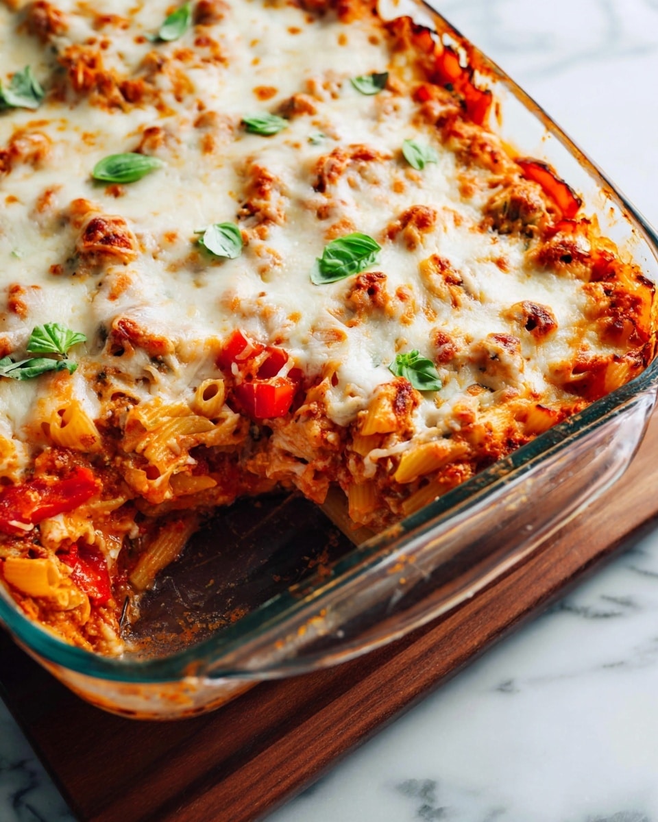 A close-up view of a baked pasta dish in a clear glass rectangular baking dish, showing one thick top layer of melted golden and white cheese with light browned spots and small fresh green basil leaves scattered on top. Underneath, there is a visible rich red tomato sauce mixed with chunks of red bell peppers and cooked pasta tubes with a soft texture. The baking dish is placed on a wooden board over a surface with a white marbled texture. The overall look is warm and inviting, with a mix of creamy, saucy, and slightly crunchy textures. photo taken with an iphone --ar 4:5 --v 7