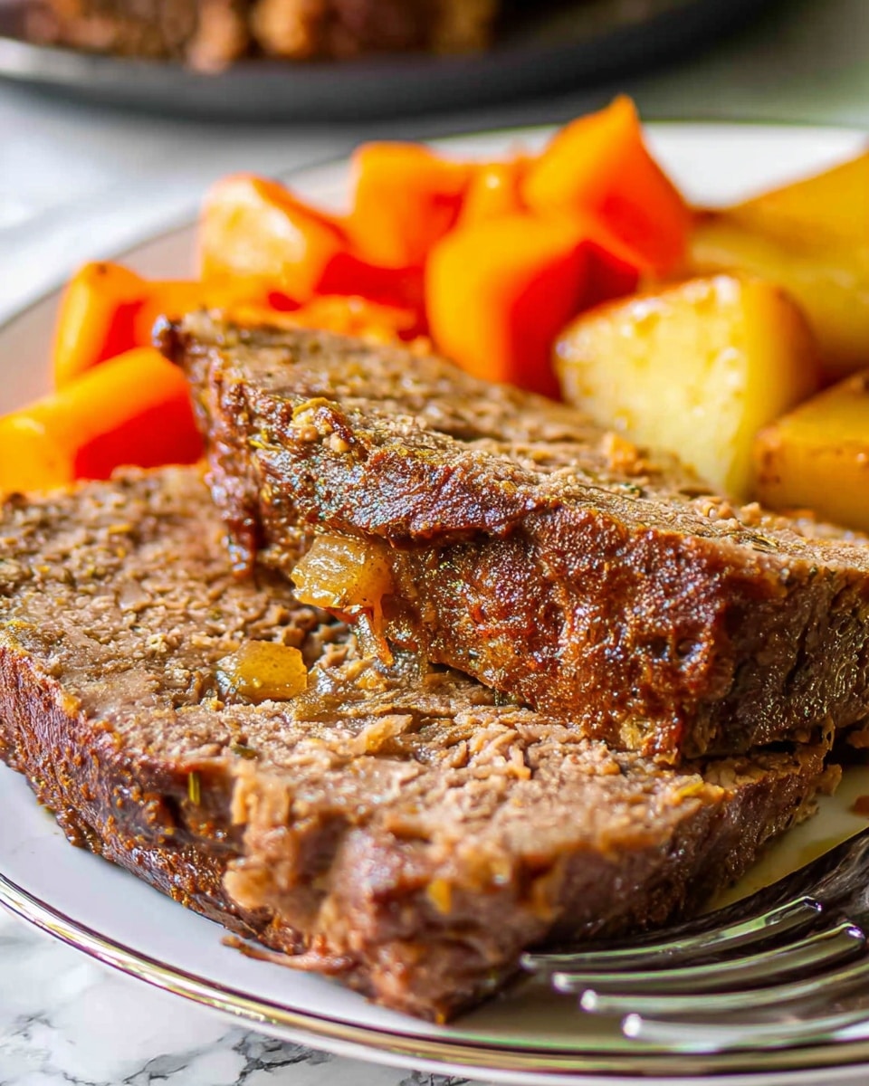 The image shows a close-up of two thick slices of meatloaf with a brown, slightly textured surface and visible bits of herbs and seasoning. The meat slices are placed in the foreground on a white plate with a shiny metal fork beside them. In the background, bright orange and yellow chunks of cooked vegetables, likely carrots and potatoes, add vibrant color contrast. The scene is set on a white marbled surface that reflects natural light softly. The photo is detailed, highlighting the texture and moistness of the meatloaf and the softness of the vegetables, capturing a warm, hearty meal. photo taken with an iphone --ar 4:5 --v 7