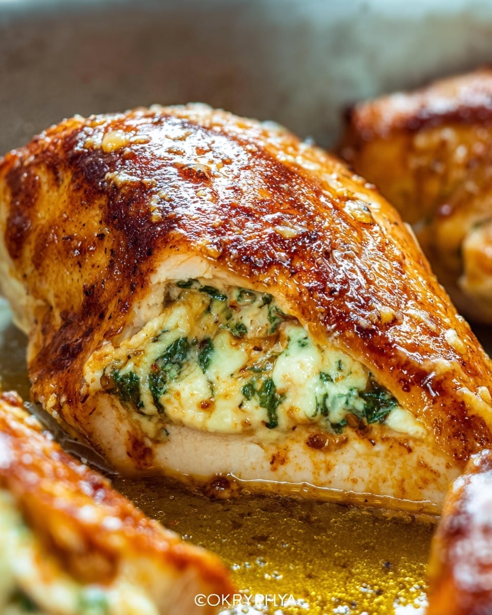 A close-up image of a baked chicken breast stuffed with a creamy mixture that includes green herbs and melted cheese, with the chicken's golden brown, slightly crispy surface showing a shiny glaze that catches the light. The stuffing peeks out from a slit in the center, showing white and green layers of creamy filling. The chicken rests in a pan with golden browned juices pooling around it on a white marbled surface. The texture of the chicken is smooth but has a slightly rough, baked crust. Photo taken with an iphone --ar 4:5 --v 7