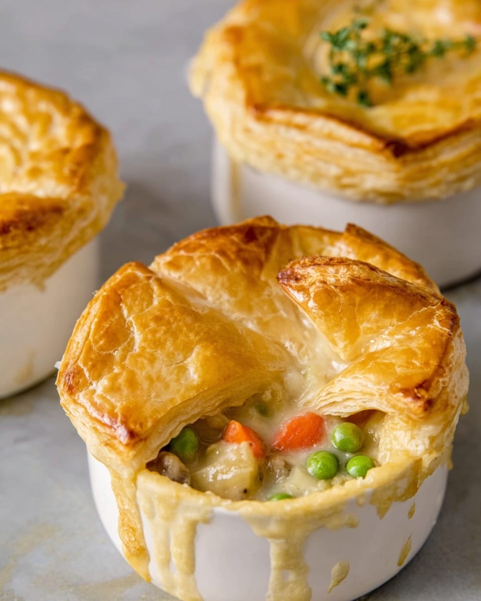 The image shows three small white ceramic bowls topped with golden, flaky puff pastry lids. The closest bowl is partially open, revealing a creamy filling with green peas, orange carrot slices, and light brown chunks of vegetable inside. The pastry is thick and crinkled on top, with a shiny baked texture. The bowls sit on a light gray surface with a soft focus on the others in the background, one garnished with a sprig of green herb. Photo taken with an iphone --ar 4:5 --v 7