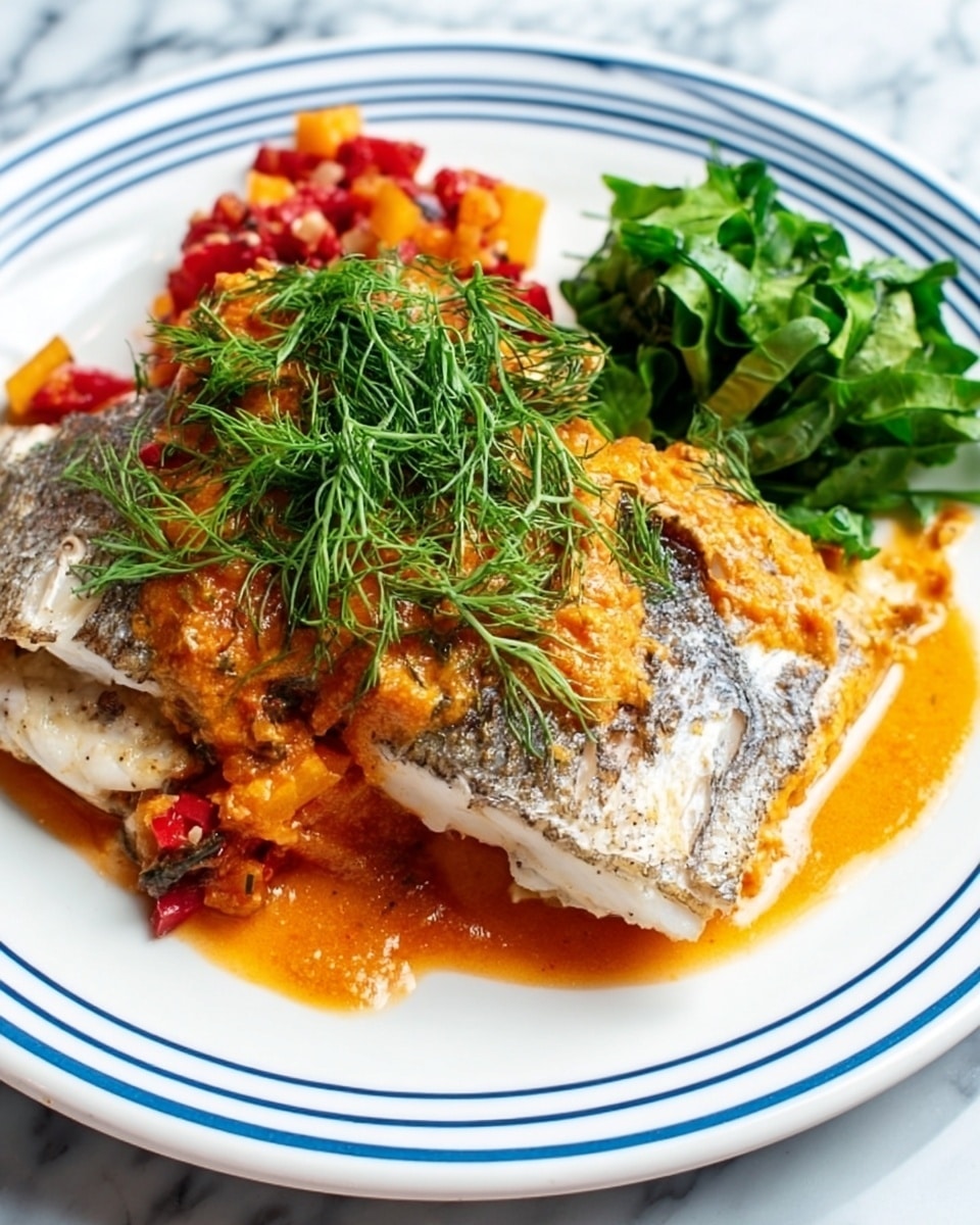 A white plate with blue stripes holds a dish with three main parts. At the center is a cooked fish with white flesh and grayish skin, topped with a thick orange sauce and green dill sprigs. To the left side of the fish, there are small pieces of red and orange chopped vegetables. On the right side, there is a small pile of bright green chopped leafy greens. The plate is placed on a white marbled surface. Photo taken with an iphone --ar 4:5 --v 7