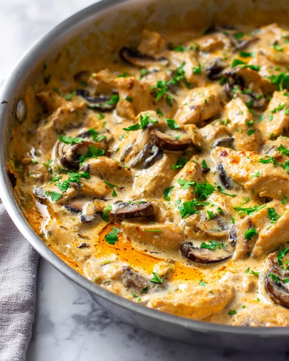 A close-up view of a silver pan filled with creamy sauce covered pieces of light golden browned chicken and dark brown mushroom slices mixed evenly in the sauce, garnished with small vibrant green chopped herbs scattered on top. The creamy sauce has light orange swirls, giving it a rich and warm look. The pan sits on a white marbled surface with a soft natural light highlighting the textures and colors. Photo taken with an iphone --ar 4:5 --v 7