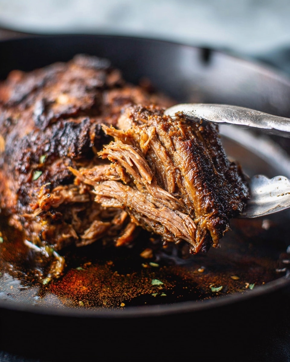 A black cast iron skillet holds a large piece of dark brown cooked meat with a rough, textured surface, garnished with small green parsley leaves, surrounded by several chunks of shredded meat in a dark sauce at the bottom. A two-prong fork with a wooden handle pierces the meat and points outward. Above the skillet, there is a white bowl filled with orange, light tan, and red roasted vegetable pieces that have a soft texture. To the left, a small white bowl contains creamy white dip with a smooth texture, topped with a swirl of olive oil and sprinkled with small green herb pieces, and a spoon resting inside. Nearby, another small white bowl holds a bright green sauce with a slightly thick, smooth texture. On the bottom left, there are four pieces of lightly toasted flatbread stacked on a white marbled surface. At the bottom right, a white bowl holds white cooked rice with a few small green herb pieces on top. The entire scene is set on a dark surface with some scattered green parsley leaves. photo taken with an iphone --ar 4:5 --v 7