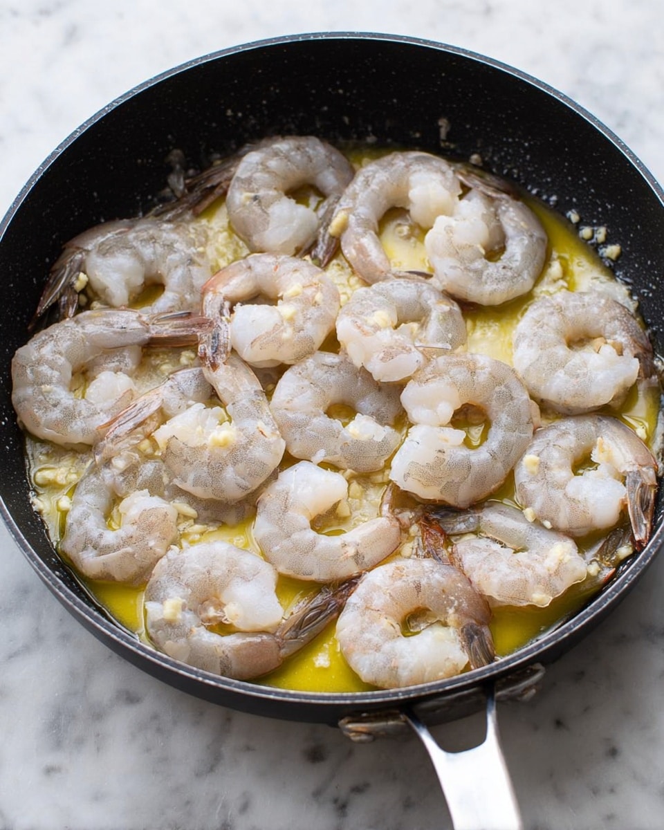 A black frying pan filled with a single layer of raw shrimp arranged closely but not overlapping, each shrimp grayish-white with a light pink tint on the tails. The shrimp sit in a layer of melted yellow butter that pools around and between them, with some small bits of garlic visible in the butter. The pan handle extends out of the frame on a white marbled surface. The lighting is bright, showing the wet, slightly translucent texture of the shrimp. Photo taken with an iphone --ar 4:5 --v 7