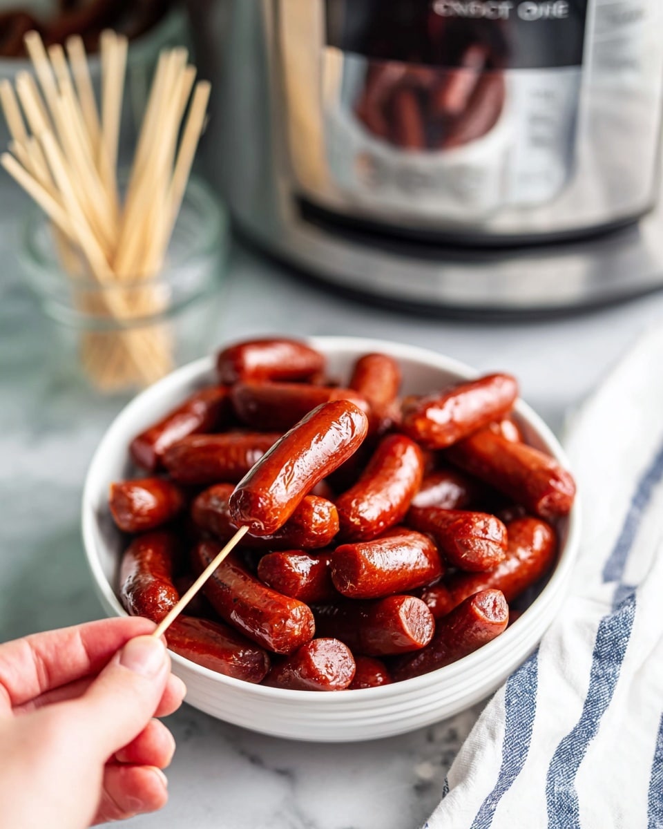 A white bowl filled with many small, shiny reddish-brown sausages that look cooked and juicy is placed on a white marbled surface. In the foreground, a woman's hand is holding a toothpick with two of the same sausages close to a stainless steel slow cooker that is slightly out of focus in the background. There is a glass container with toothpicks on the left side and a white cloth with blue stripes to the right, both sitting on the white marbled surface. photo taken with an iphone --ar 4:5 --v 7