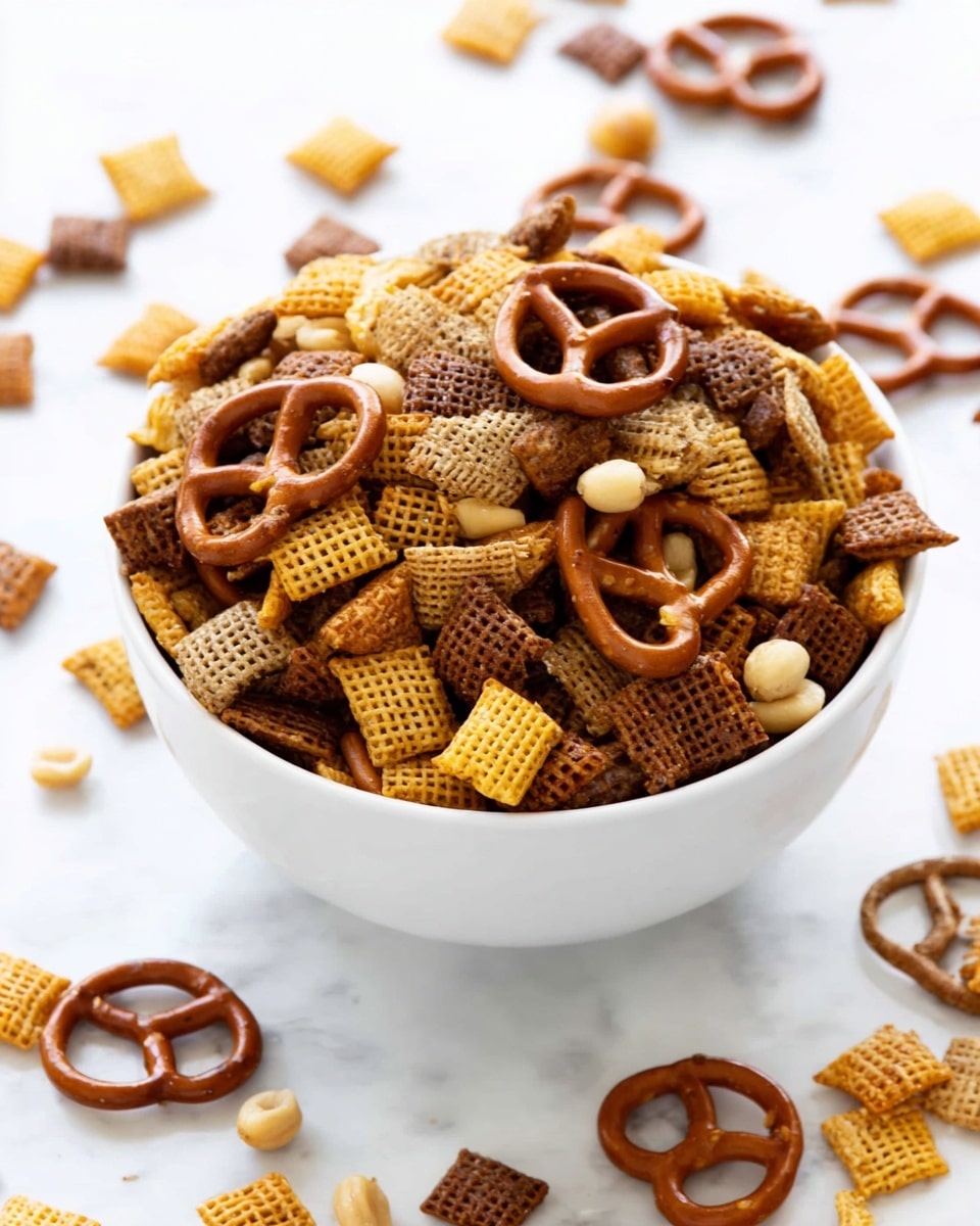 A white bowl filled to the top with a snack mix that has multiple layers of different shapes and textures. The mix includes large brown pretzels with a smooth surface, small square cereal pieces in light yellow, golden brown, and darker brown shades with a woven texture, and pale beige round nuts scattered throughout. The bowl is placed on a white marbled surface with some pieces of the mix spilled around it, showing the same colors and shapes clearly. photo taken with an iphone --ar 4:5 --v 7