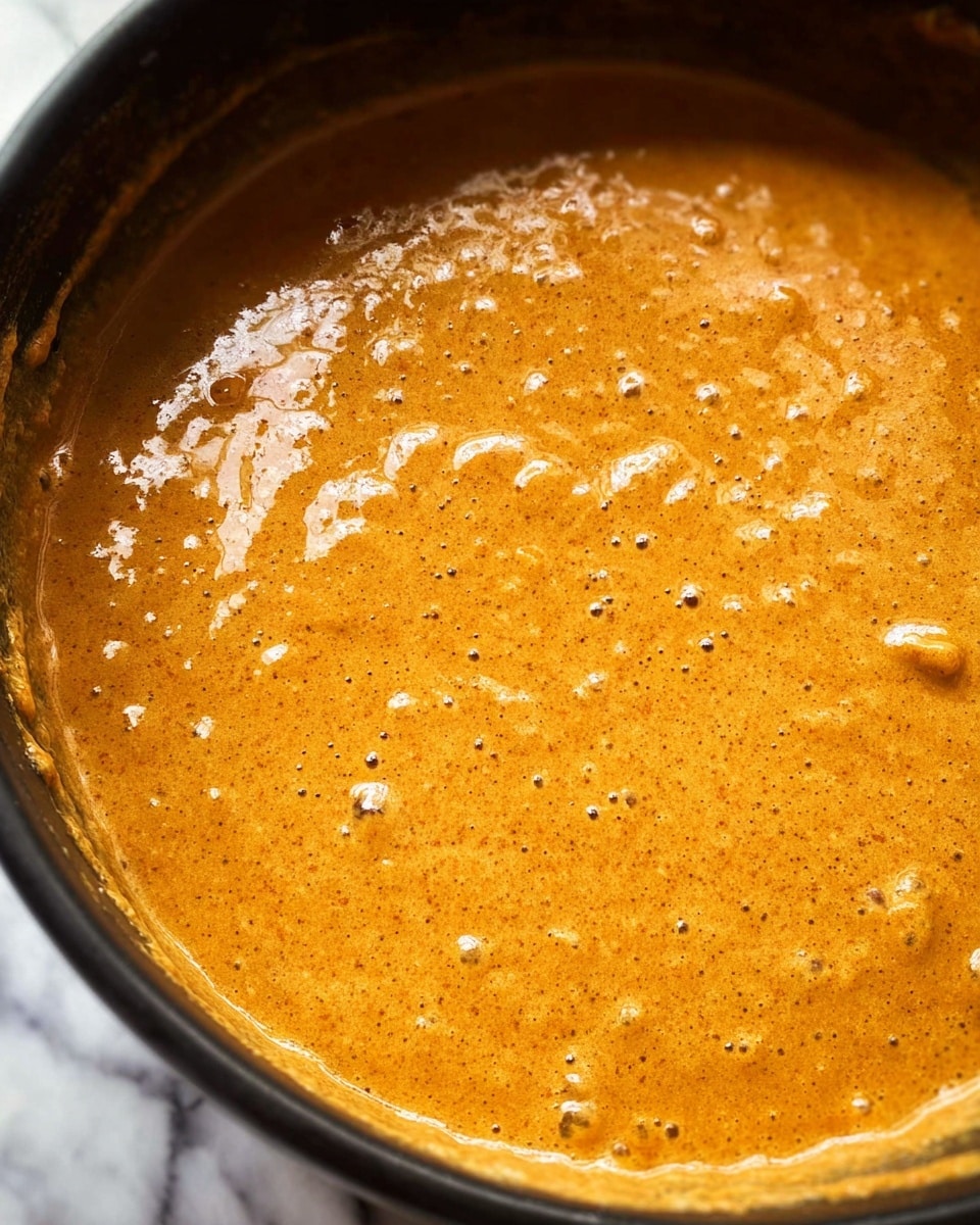 This image shows a close-up of a thick, bubbly sauce or batter inside a black pot. The mixture is smooth with small bubbles scattered throughout and has a rich, golden-orange color with brown specks, giving it a textured look. The surface is glossy and slightly uneven, indicating it is cooking or mixing well. The pot’s inner sides can be seen partially covered with the same mixture. The background has a white marbled texture. Photo taken with an iphone --ar 4:5 --v 7