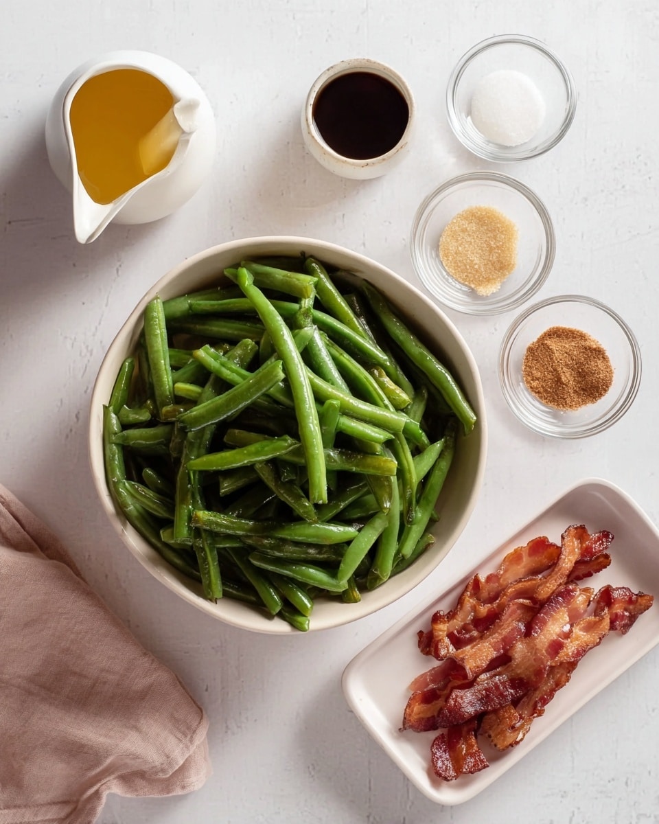 A white bowl filled with cut green beans is placed in the center on a white marbled surface. To the right of the bowl, there is a small white rectangular dish holding crispy cooked bacon strips. Above these, three small clear glass bowls with light-colored seasonings and a small white container with dark soy sauce are arranged. On the left side, a small white pitcher contains melted butter, and a small white bowl holds brown sugar. The scene is brightly lit with soft natural light, showing clear textures of each ingredient, photo taken with an iphone --ar 4:5 --v 7