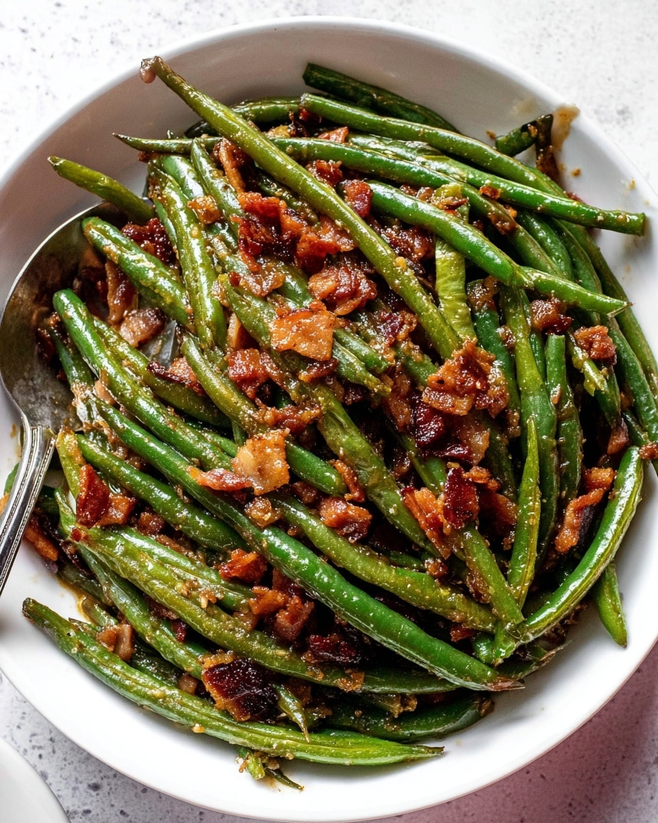 A white bowl filled with a cooked dish of green beans and small crispy brown pieces of bacon mixed evenly throughout. The green beans are cooked to a tender texture with some slight browning, and there are bits of coarse salt sprinkled on top. A spoon is partially visible on the left side of the bowl. The bowl sits on a white marbled surface. photo taken with an iphone --ar 4:5 --v 7