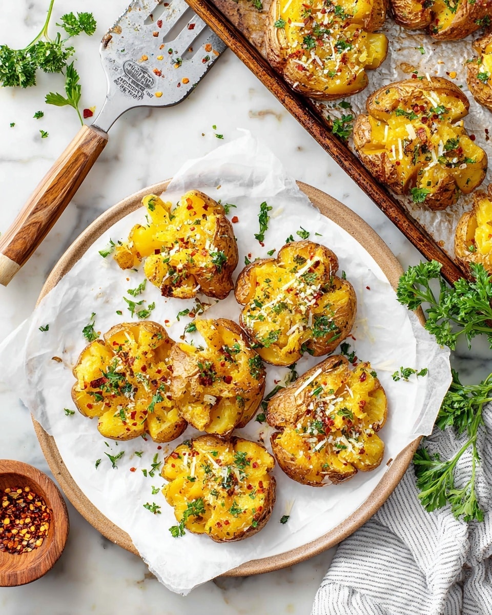 The image shows a round white plate with seven smashed roasted potatoes arranged on a piece of white parchment paper. Each potato has a golden-brown crispy skin with yellow soft potato inside, topped with green parsley bits, white cheese shreds, and red chili flakes. To the upper left of the plate is a metal spatula with a wooden handle resting on a baking tray that has more smashed potatoes with similar golden skin and yellow inside. The background is a white marbled surface with some scattered green parsley leaves and a small wooden bowl filled with chili flakes. Photo taken with an iphone --ar 4:5 --v 7