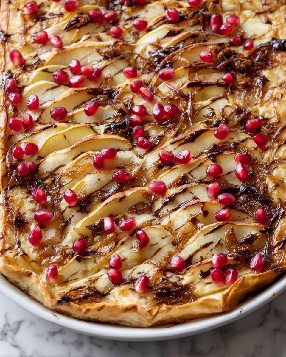 This image shows a flat dish with one layer of golden braided crust along the top edge, light golden brown and flaky. The main layer beneath has thin, pale slices of apple arranged in scattered uneven rows, mingled with dark brown, slightly crispy strips that look like cooked onions or caramelized vegetables. Over these layers, there are bright red pomegranate seeds spread unevenly across, adding pops of color. The surface is shiny with a glaze and has thin streaks of a dark brown drizzle lightly scattered over the top. The dish sits on a white marbled surface. photo taken with an iphone --ar 4:5 --v 7