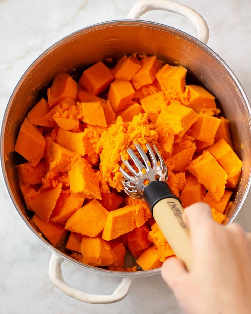 A white pot filled with bright orange chunks of cooked sweet potato, some pieces whole and others partially mashed in the center by a metal masher with a black and beige handle. A woman's hand holds the masher pressing down on the sweet potatoes, creating a mix of smooth and chunky textures against the soft orange color inside the pot. The setting is on a white marbled surface. photo taken with an iphone --ar 4:5 --v 7