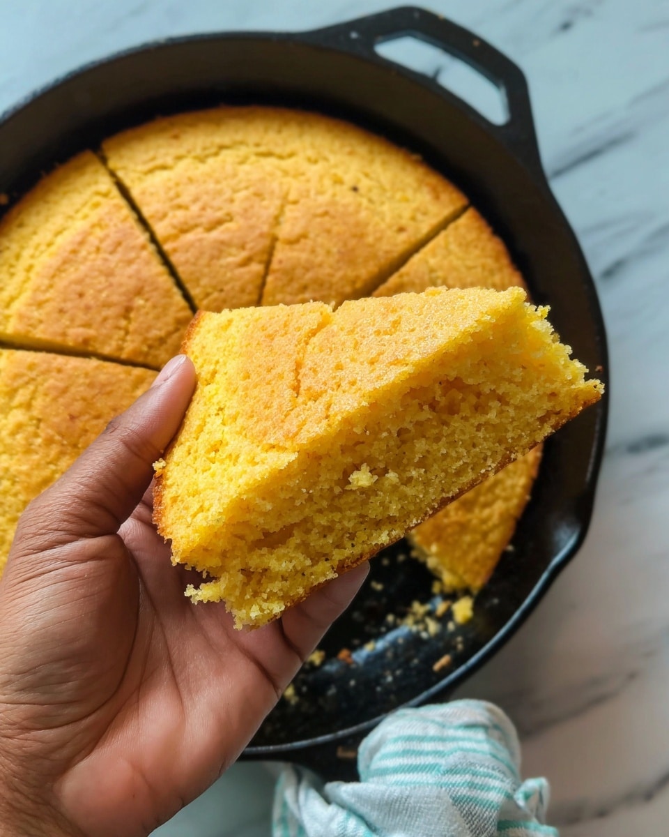 A close-up image shows a woman's hand holding a thick, triangular piece of golden cornbread with a crumbly, soft texture. The cornbread has one even layer and a warm yellow color. The large remaining cornbread sits in a black cast iron skillet and is cut into several triangular pieces. The skillet rests on a white marbled surface with a light blue and white striped cloth nearby. Photo taken with an iphone --ar 4:5 --v 7