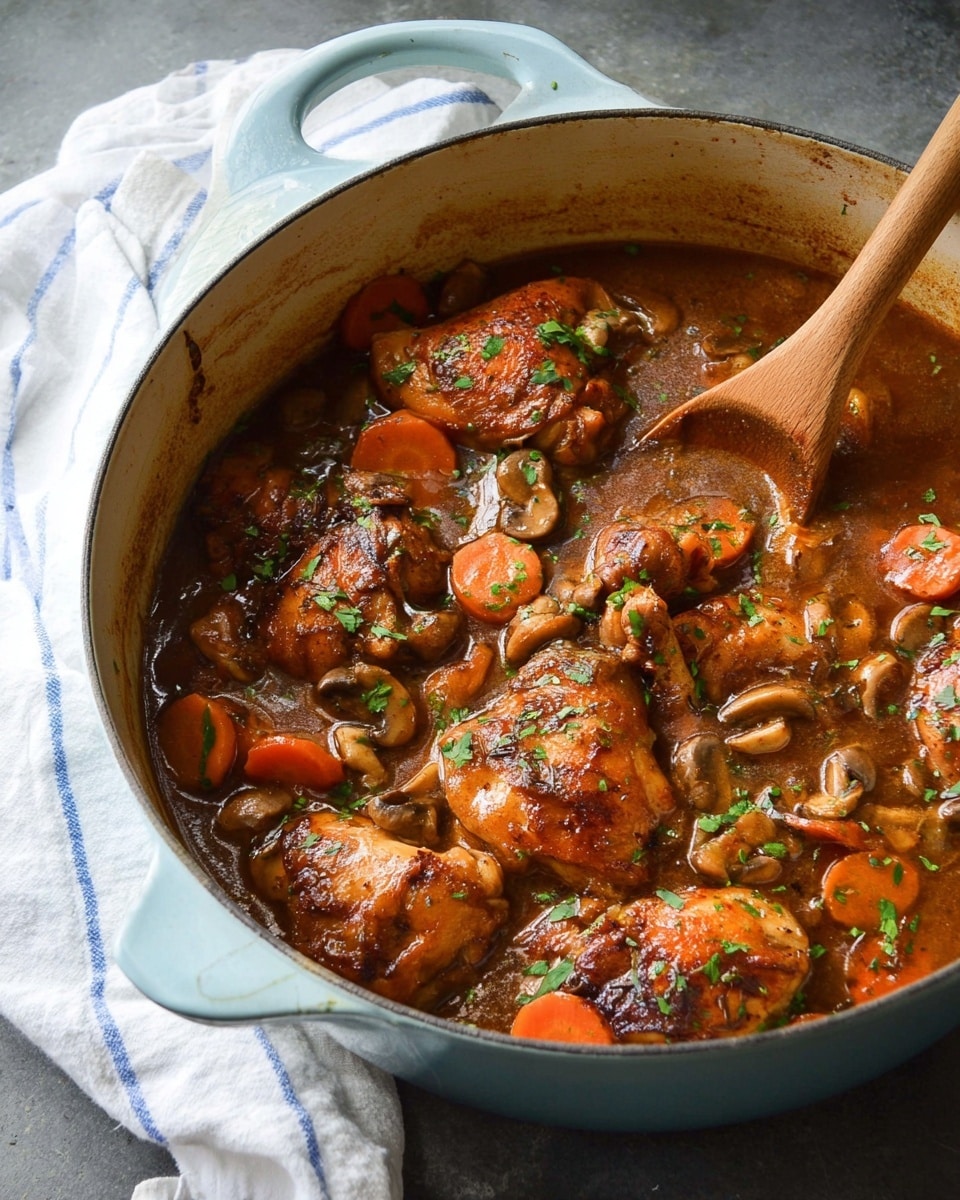 In a large round light blue pot, several brown cooked pieces of chicken are nestled in a rich, thick brown sauce. The dish contains layers of vibrant orange carrot slices and soft light brown mushrooms scattered throughout. Small green parsley pieces are sprinkled on top, adding a fresh touch. A wooden spoon is partly immersed in the stew, resting against the inner edge of the pot. The pot sits on a grey surface with a white cloth featuring blue stripes draped beside it. photo taken with an iphone --ar 4:5 --v 7