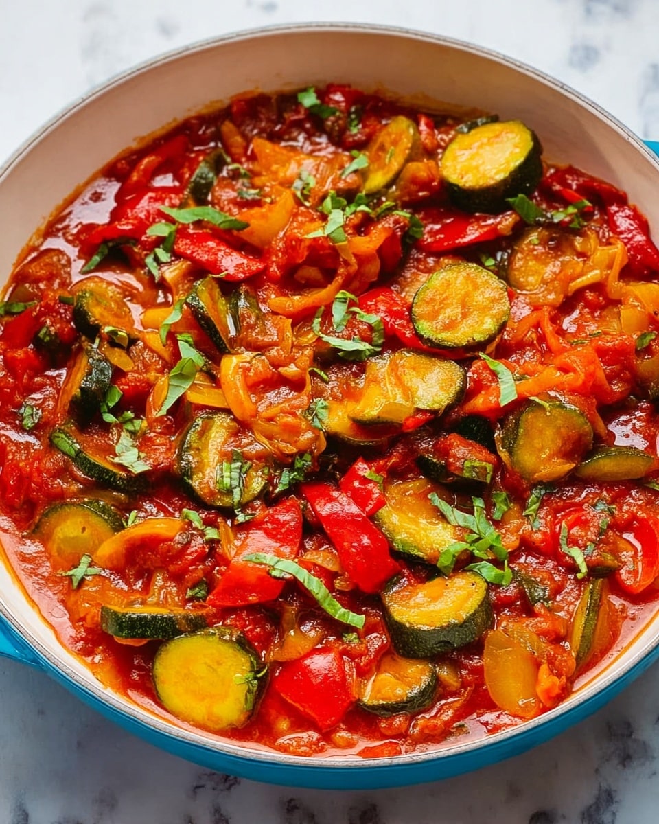 A bright white bowl filled with thick red tomato sauce that has many pieces of cooked yellow and green zucchini slices, red and orange bell peppers, and small bits of green fresh herbs scattered on top. The sauce looks rich and chunky, with a few whole herbs adding texture. The bowl sits on a white marbled surface, showing some light reflections on the blue rim of the bowl. The colors are warm and vibrant with a mix of orange, red, and green, making the dish look fresh and healthy photo taken with an iphone --ar 4:5 --v 7