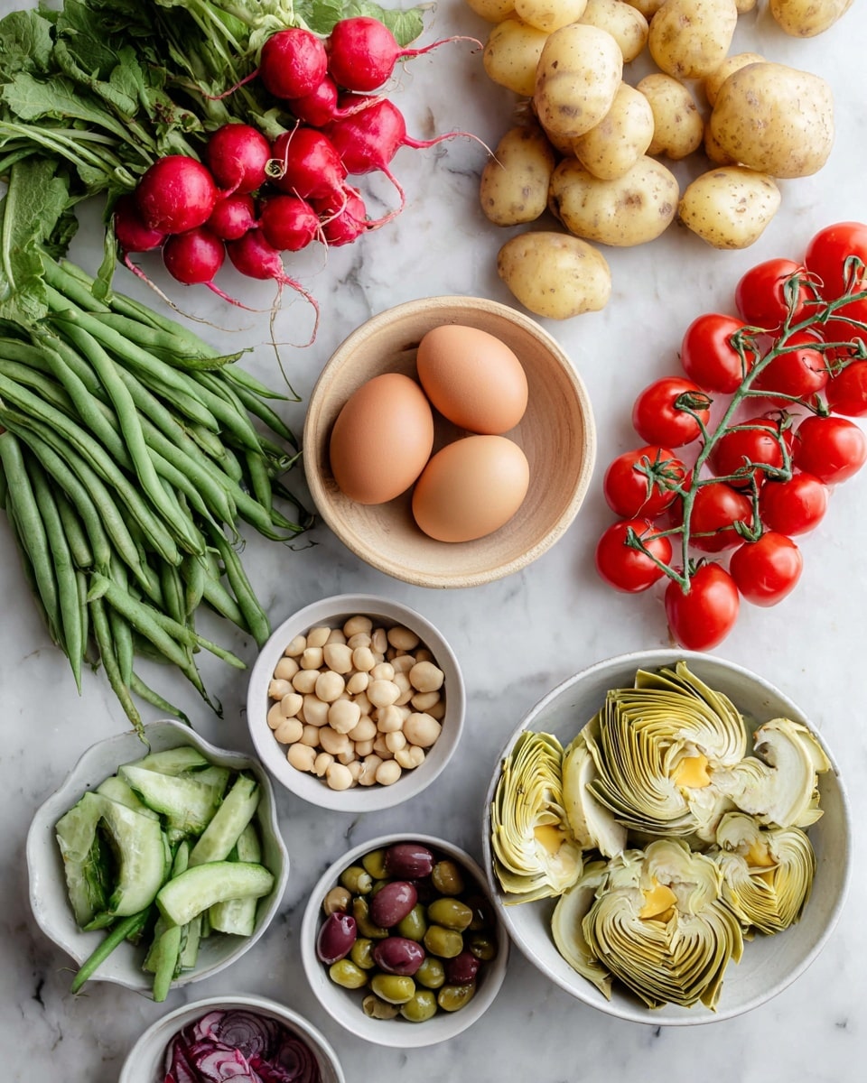 The image shows fresh ingredients laid out on a white marbled surface. There are bunches of bright red radishes with green leaves at the top left, a pile of long fresh green beans at the bottom left, and a branch of small red cherry tomatoes at the bottom right. Four light brown potatoes are placed near the top right. Three brown eggs rest in a light wooden bowl near the bottom right. In small white and grey bowls, there are sliced pale green cucumbers, light beige beans, mixed green and purple olives, and small green capers. Near the top right, there is a white bowl filled with light yellow artichoke halves showing their detailed layers and texture. Photo taken with an iphone --ar 4:5 --v 7