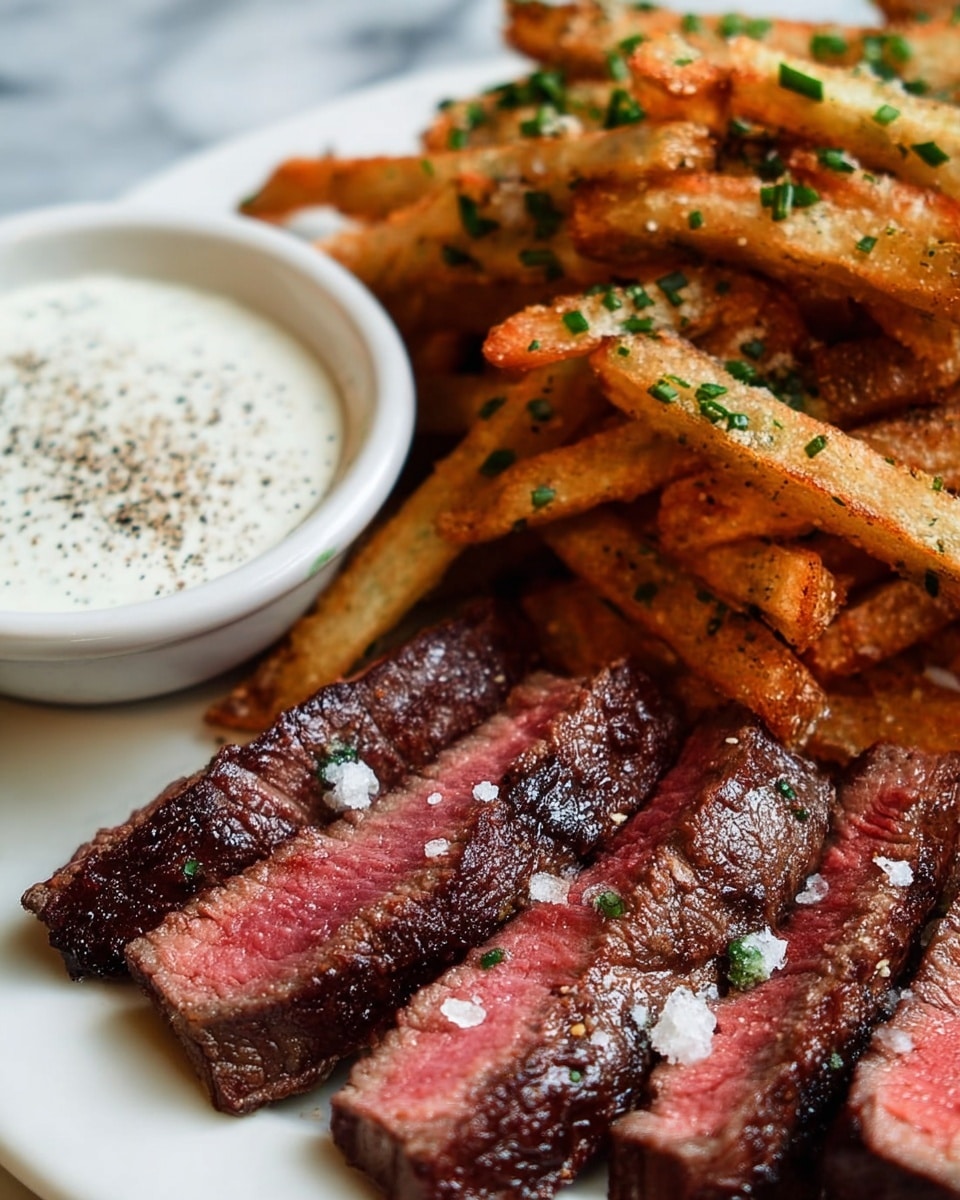 The image shows a close-up of a white plate with three main layers: at the bottom, several slices of medium-rare steak with a dark brown crust and pink center, sprinkled with coarse salt and small green herbs; above the steak, a thick layer of golden-brown fries seasoned with finely chopped green herbs; to the left, a small white bowl filled with creamy white sauce, topped with a light dusting of black pepper. The whole scene is set on a white marbled surface. photo taken with an iphone --ar 4:5 --v 7