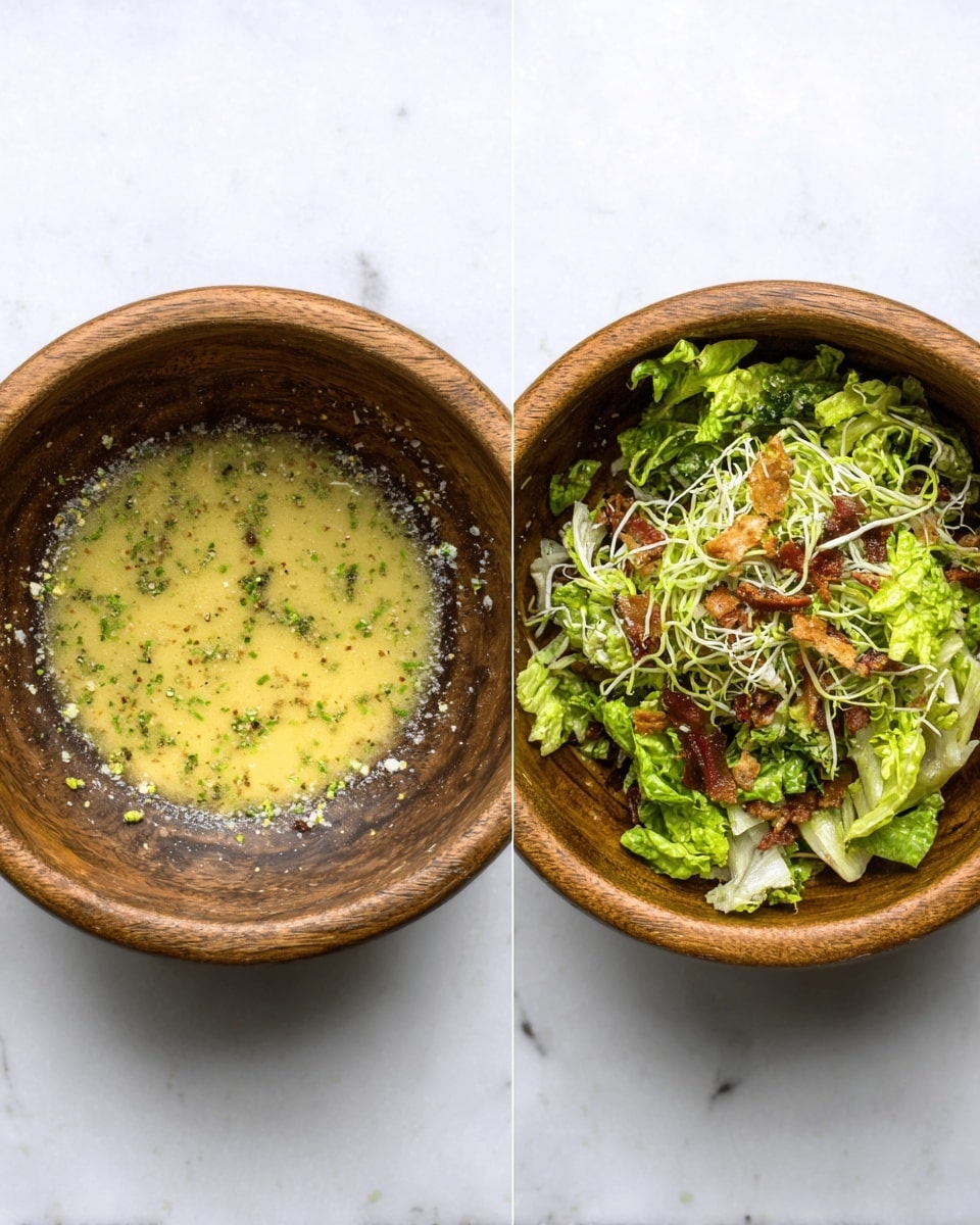 The image shows two wooden bowls side by side on a white marbled surface. The left bowl contains a single layer of light yellow dressing mixed with small green herbs and tiny bits of onion, spread thinly on the bottom. The right bowl has a mixture of salad layers – the base layer is light green leafy lettuce, topped with thin, curly frisée, and small brown crispy pieces scattered throughout. The salad ingredients are unevenly distributed inside the bowl, showing a fresh and textured look. photo taken with an iphone --ar 4:5 --v 7