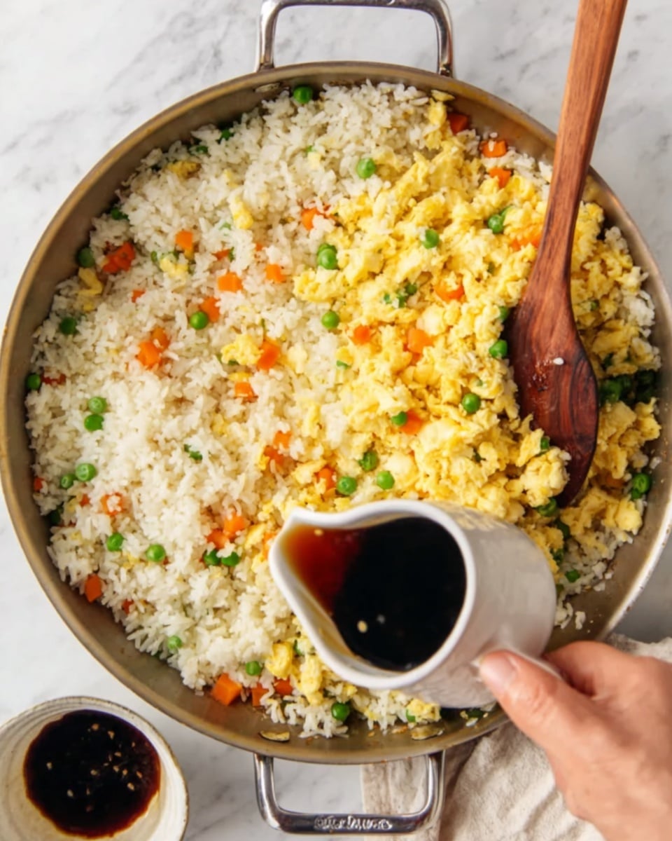 A round metal pan holds cooked white rice mixed with small pieces of orange carrot and green peas, forming the first and outer layer. The second layer in the middle is yellow scrambled eggs mixed with bits of the same vegetables. A woman's hand holds a small white pitcher pouring dark brown soy sauce onto the eggs. A wooden spatula is seen stirring the rice and egg mixture from one side. The pan rests on a white marbled surface, and a small white bowl with dark sauce is in the background. Photo taken with an iphone --ar 4:5 --v 7