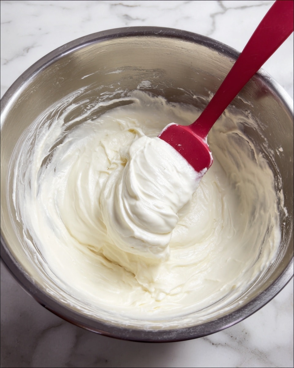 A shiny silver metal bowl sits on a white marbled surface, filled with a thick, smooth white cream. A red silicone spatula dips into the cream, lifting a soft, fluffy scoop with a few curvy swirls showing the creamy texture. The inside edges of the bowl have some cream stuck softly around them, showing the mixing action. The light reflects gently on the cream and the bowl, giving a fresh and clean look photo taken with an iphone --ar 4:5 --v 7