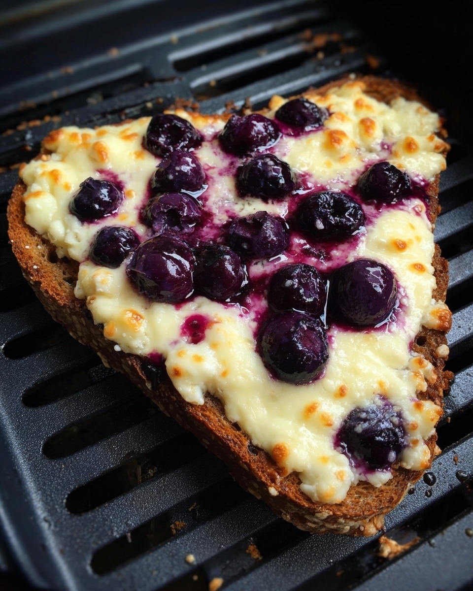 A single slice of dark brown bread topped with a thick, bubbly layer of melted white cheese that has golden brown spots. Scattered across the cheese are plump, shiny dark purple blueberries, some of which have burst, releasing rich purple juice that stains the cheese in places. The slice sits on a black grill tray with slotted holes beneath it. photo taken with an iphone --ar 4:5 --v 7