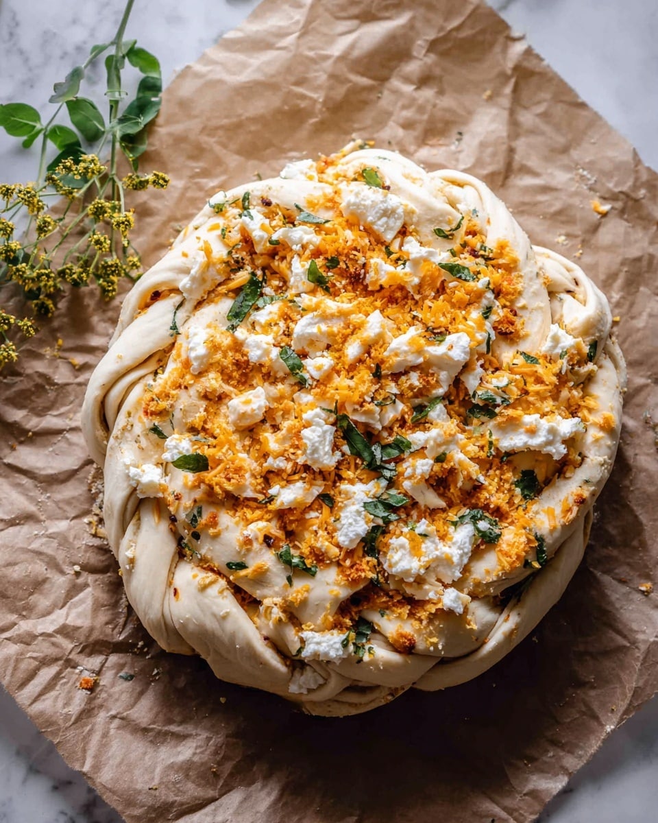 A round, twisted dough layered with small chunks of white cheese and bright orange shredded cheese mixed with green herbs is placed on crinkled brown paper. The dough shows visible swirls and folds, thick with a soft texture. The cheese is scattered generously on top and slightly embedded within the dough layers, creating a colorful, textured surface. A small sprig of green leaves with tiny yellow flowers lies near the top left corner, adding a fresh touch. The background is a white marbled texture. photo taken with an iphone --ar 4:5 --v 7