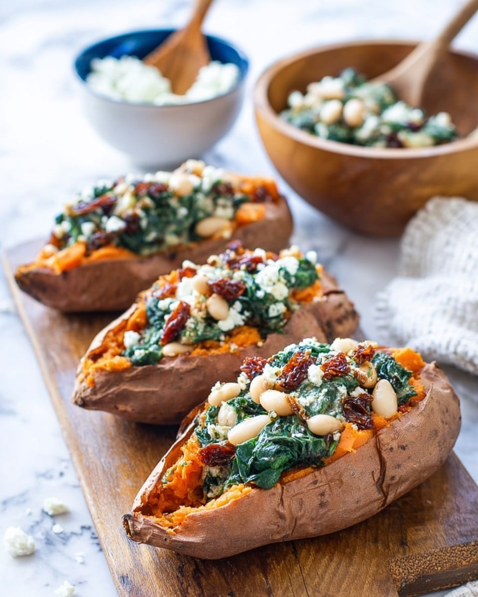 Four cooked sweet potatoes with wrinkled rough light brown skin lie on a white rectangular tray. Each sweet potato is cut open and filled with a layered mix. The bottom layer is bright orange sweet potato flesh, topped with a mix of dark green cooked spinach, white beans, and small pieces of red sun-dried tomatoes. Crumbled white cheese is scattered on top of the filling. The tray sits on a white marbled surface. Photo taken with an iphone --ar 4:5 --v 7