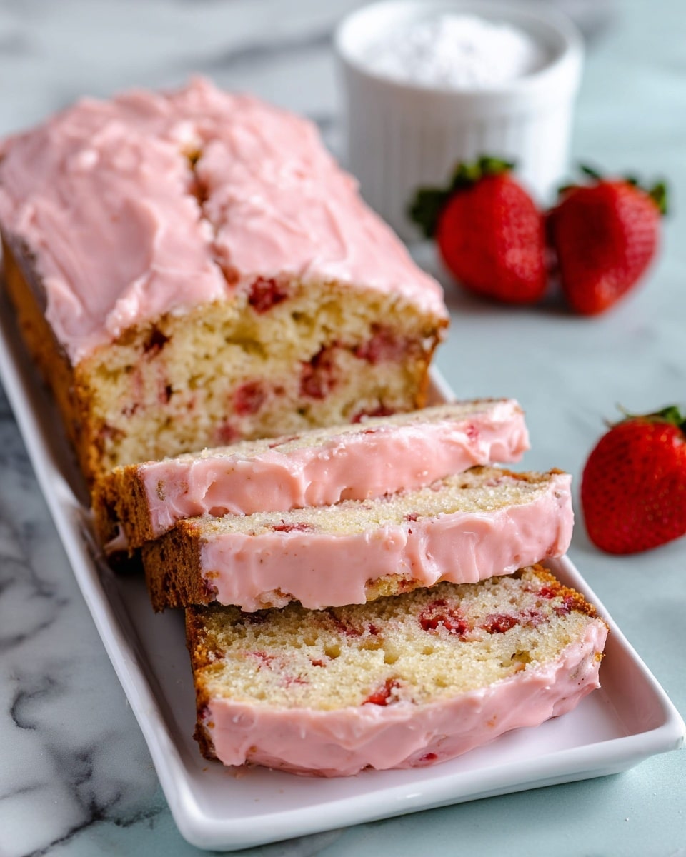 A loaf cake is shown on a white tray with three slices cut and laid in front of the whole loaf. The cake has a light golden brown base with bits of strawberry inside, creating small red spots throughout the crumb. The top and sides of the cake are covered in a thick pink frosting that has a slightly uneven, textured finish. In the background, there are some whole strawberries and a small white cup filled with white powder, placed on a white marbled surface. Photo taken with an iphone --ar 4:5 --v 7