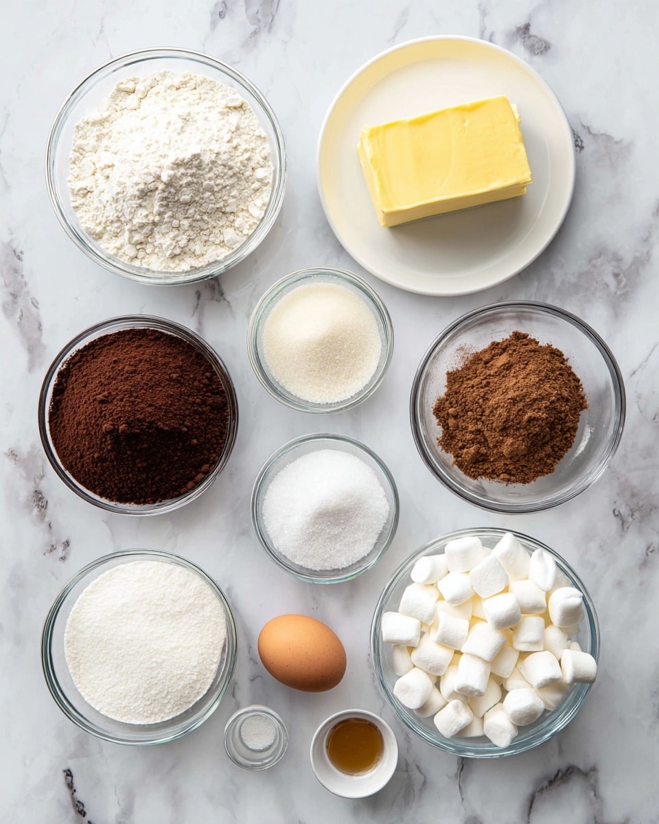 A white marbled surface holds several clear glass bowls with different ingredients arranged in an organized way. At the top left is a bowl full of white flour, next to it on the right is a white plate with a solid yellow block of butter. Below the flour bowl is a bowl of dark brown cocoa powder. To its left is a bowl filled with brown sugar. In the center is a bowl with white granulated sugar. To the right of the sugar bowl is a small bowl with white salt, and below it is another small bowl with white baking soda. At the bottom right is a bowl filled with white mini marshmallows. Near the bottom left corner are a single brown egg and a small bowl of light brown liquid. Everything sits neatly on a clean white marbled surface, photo taken with an iphone --ar 4:5 --v 7