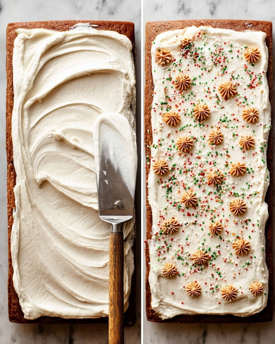The image shows two sides of a rectangular cake with a brown, soft textured base layer. On the left side, a thick layer of smooth, white cream is being spread with a metal spatula that has a wooden handle, the cream swirled in a circular motion. On the right side, the same cake section is fully covered with the white cream layer, decorated with small, orange flower-shaped sprinkles and tiny round red, green, and white sprinkles scattered evenly over the surface. The background has a white marbled texture. photo taken with an iphone --ar 4:5 --v 7