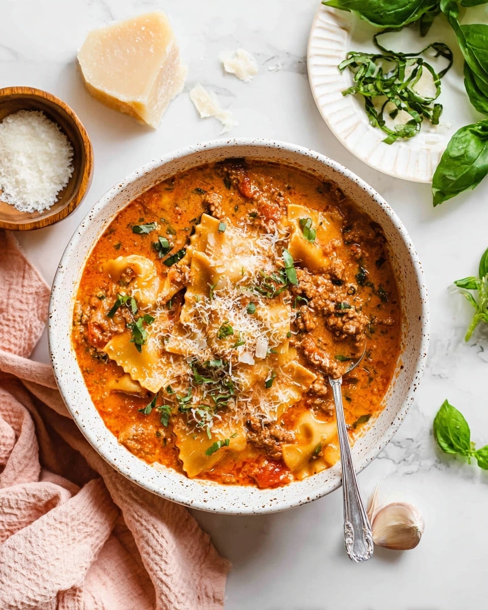 The image shows a white speckled bowl filled with a creamy, orange-red lasagna soup that has visible layers of wide pasta strips mixed with ground meat and tomatoes, topped with melted cheese and small green herb bits. A silver spoon rests inside the bowl on the right side. Around the bowl, there is a small white plate with finely sliced green basil, a few peeled garlic cloves, a sprig of fresh basil leaves, a small wooden bowl of coarse salt, a chunk of Parmesan cheese, and a soft pink cloth, all set on a white marbled surface. Photo taken with an iphone --ar 4:5 --v 7