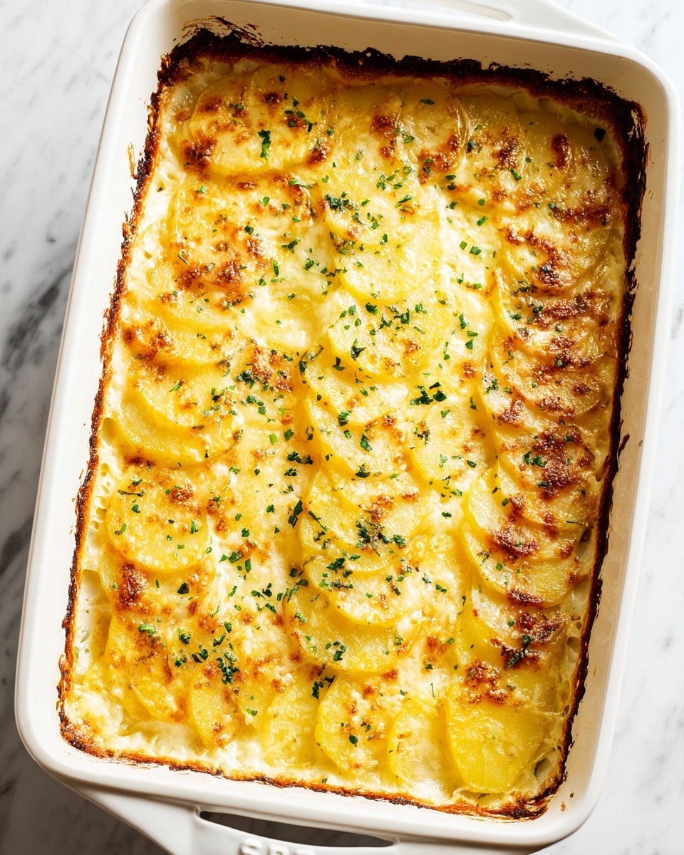 A white rectangular baking dish filled with thinly sliced yellow potatoes arranged in overlapping rows to cover the surface, layered with melted golden cheese that is bubbly and browned in spots around the edges, topped with small bits of green herbs sprinkled evenly on top, all sitting on a white marbled texture surface, photo taken with an iphone --ar 4:5 --v 7