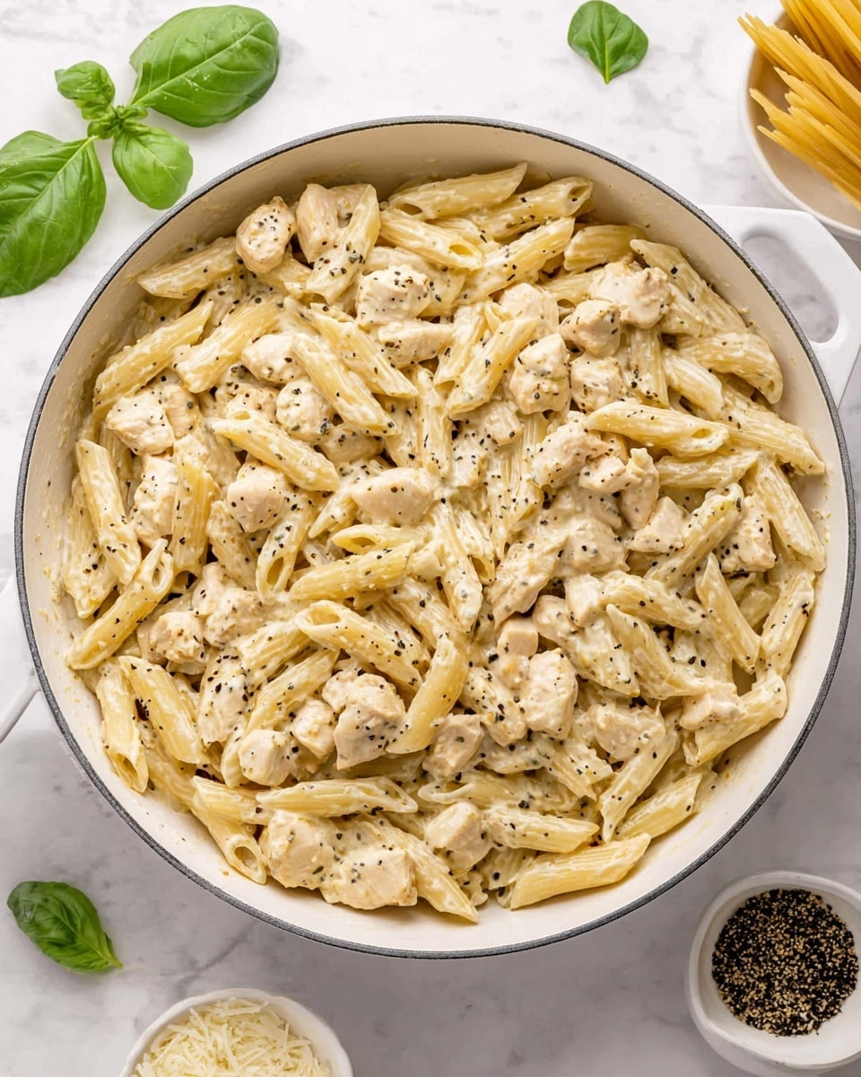 The dish shows a white pan filled with creamy penne pasta mixed with chunky pieces of light beige chicken, all coated in a pale, thick sauce speckled with green herbs. The penne pasta creates a layer of short, tube-like shapes with a smooth texture and a slight gloss from the sauce. The chicken pieces are scattered evenly, slightly larger than the pasta, with a tender, smooth surface. A black spoon with some sauce on it is resting in the pan on the lower right side. The background is a white marbled surface. photo taken with an iphone --ar 4:5 --v 7