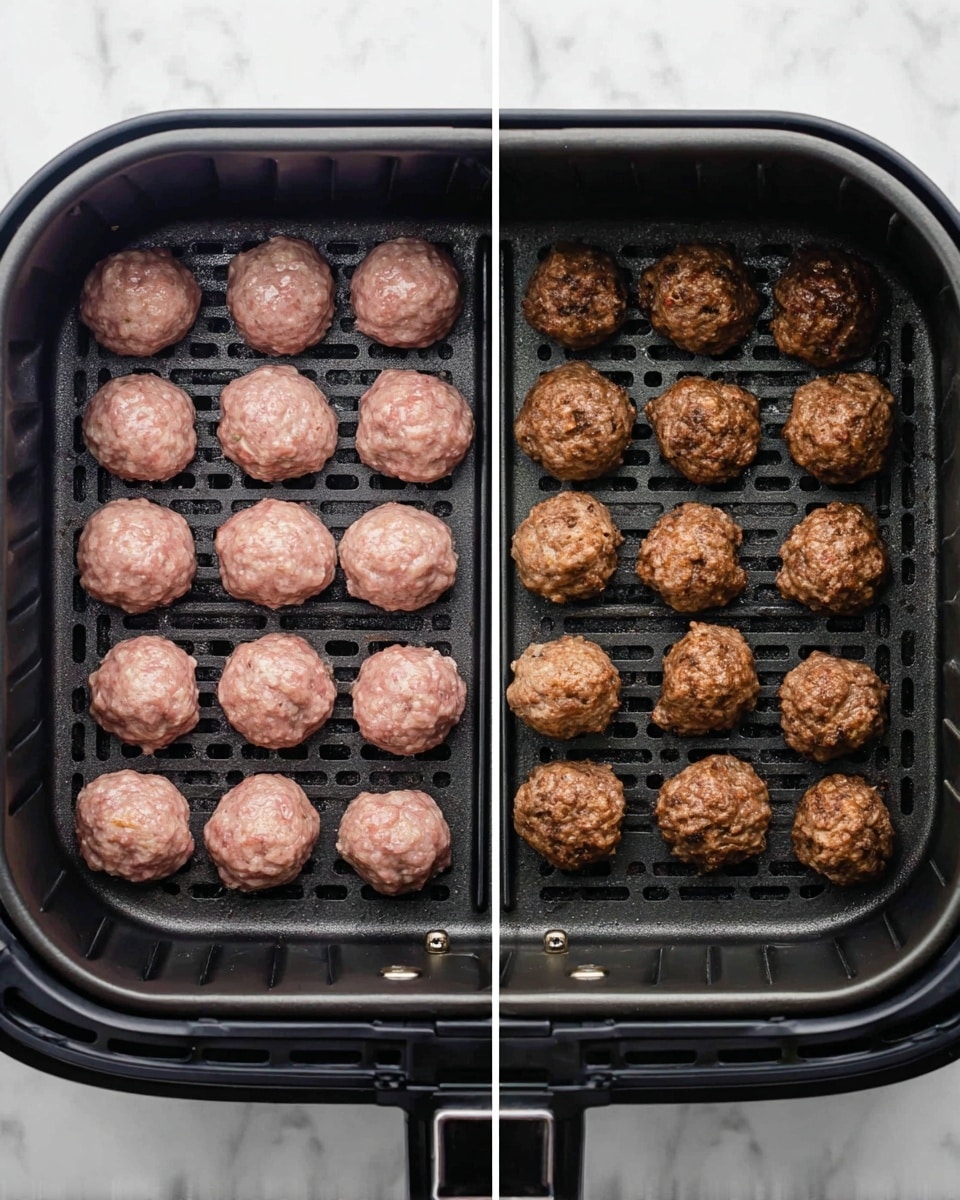 Two side-by-side images show an air fryer basket on a white marbled surface. On the left, 24 raw meatballs are evenly placed in 4 rows and 6 columns, pinkish in color with a smooth texture. On the right, the same meatballs look cooked, brown with some darker spots and a slightly rougher surface, but keeping their round shape and arrangement. The black basket has a grid bottom and rounded corners. photo taken with an iphone --ar 4:5 --v 7