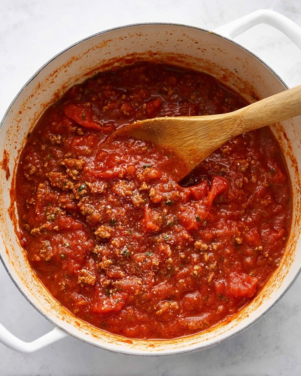 A white pot filled with thick red tomato sauce with chunks of ground meat and pieces of tomato. The sauce has a rich and slightly chunky texture with visible herbs mixed in. A wooden spoon is stirring the sauce in the center of the pot. The pot sits on a white marbled surface, and some sauce splatters can be seen inside the pot’s rim. Photo taken with an iphone --ar 4:5 --v 7